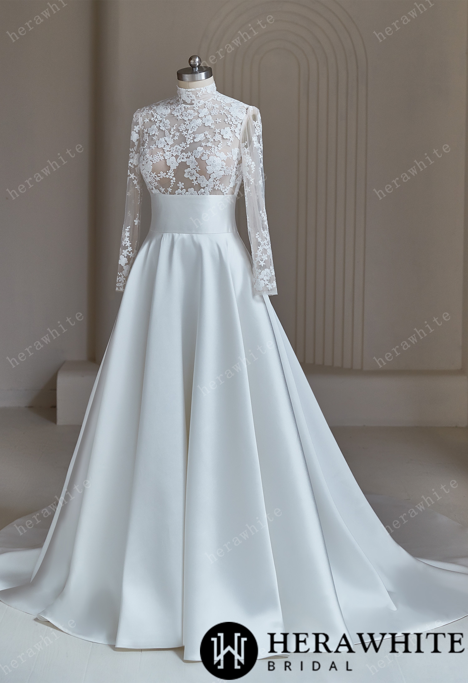 High-neck Modest Ivory Lace Satin  Wedding Dress