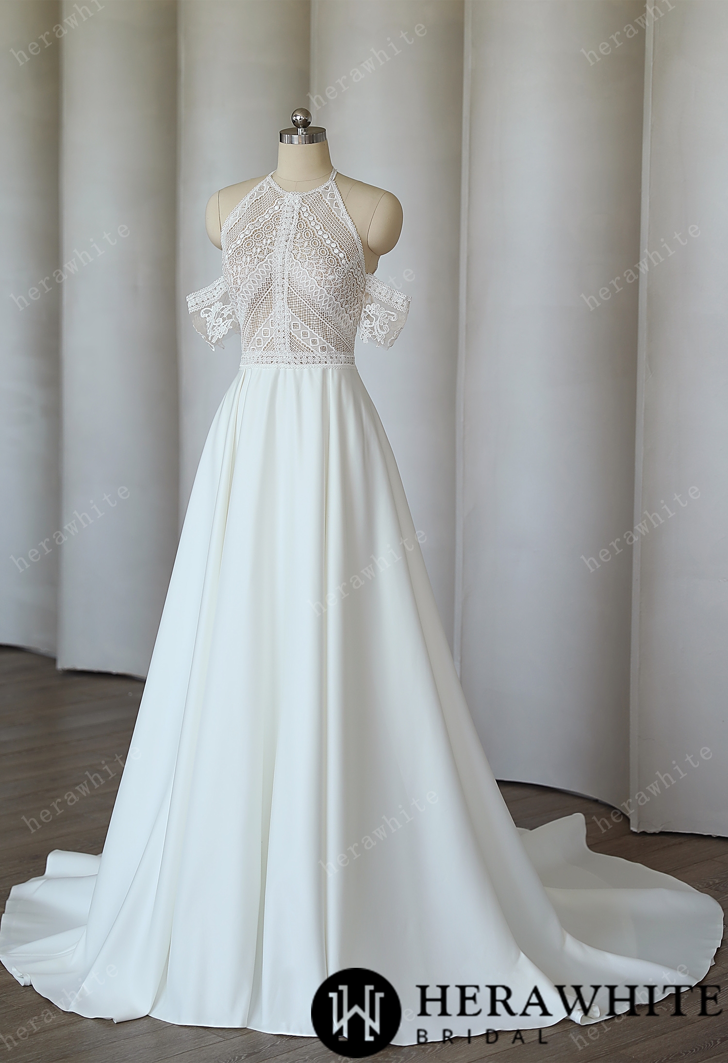 Halter A-line  Bohemian Lace Wedding Dresses Sweep Train Satin