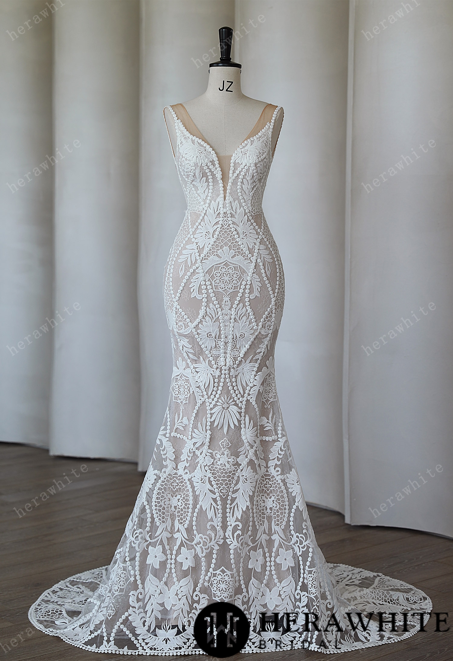 Boho Lace Mermaid Wedding Dress With Deep Plunging V Neck