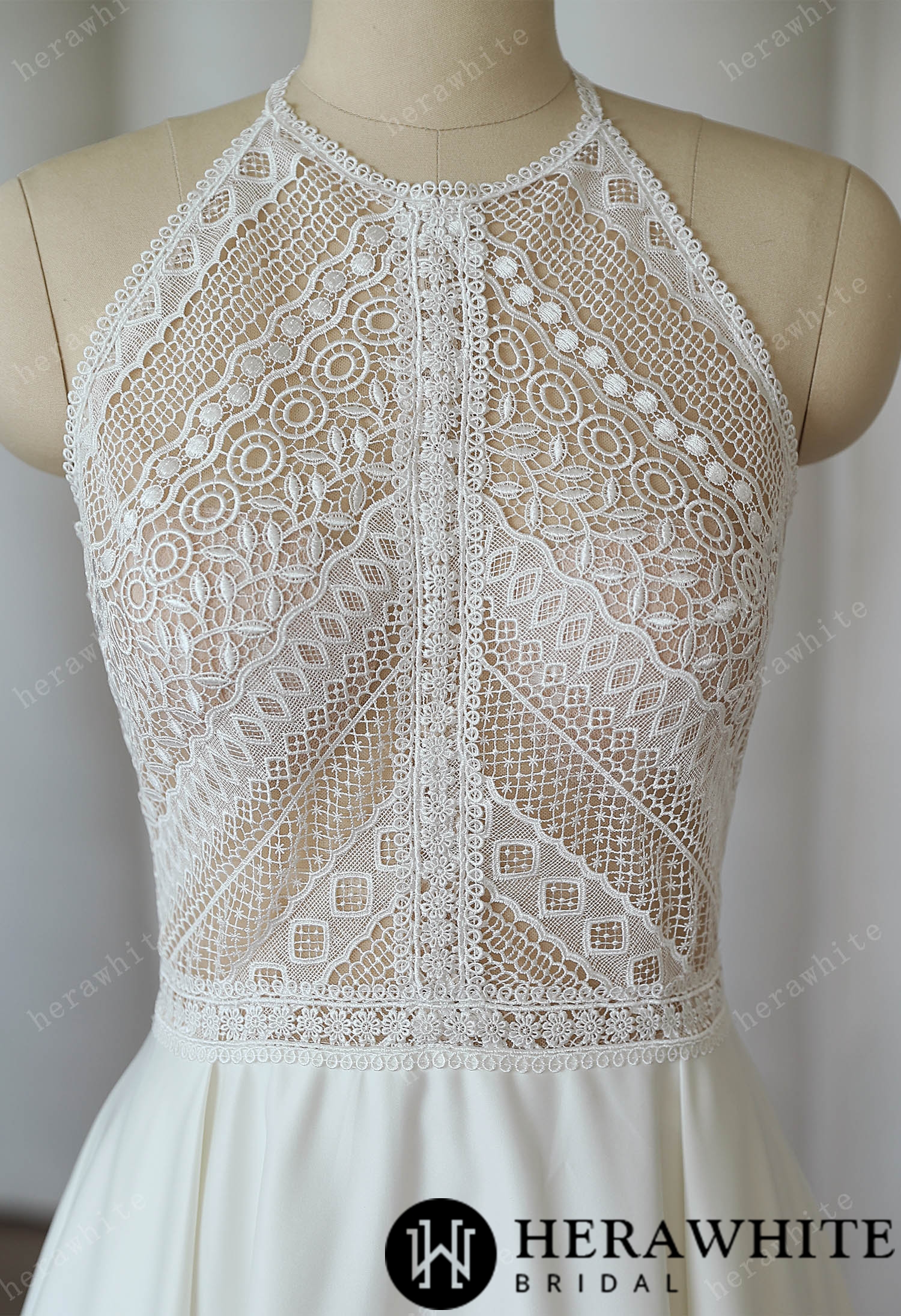 Halter A-line  Bohemian Lace Wedding Dresses Sweep Train Satin