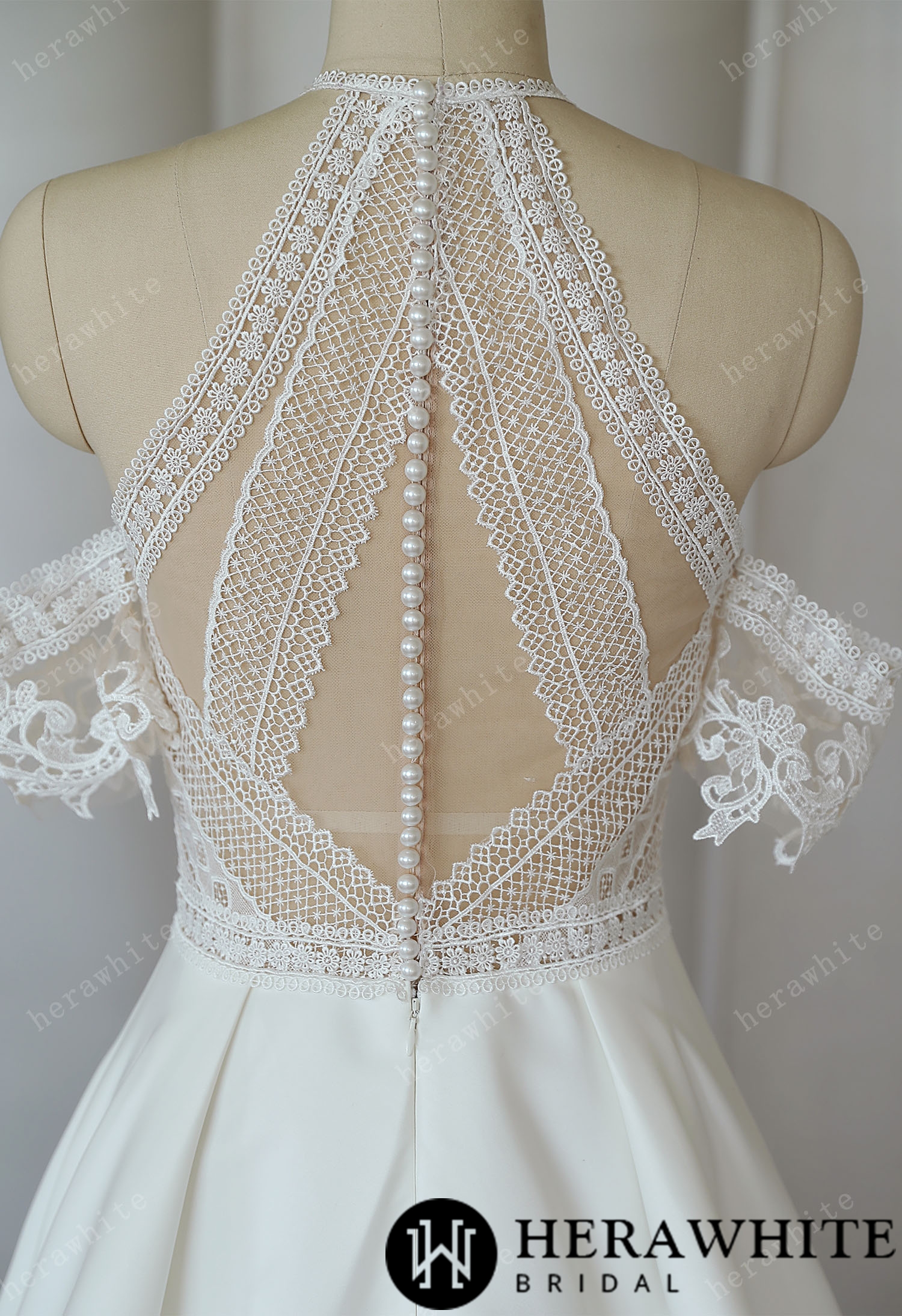 Halter A-line  Bohemian Lace Wedding Dresses Sweep Train Satin
