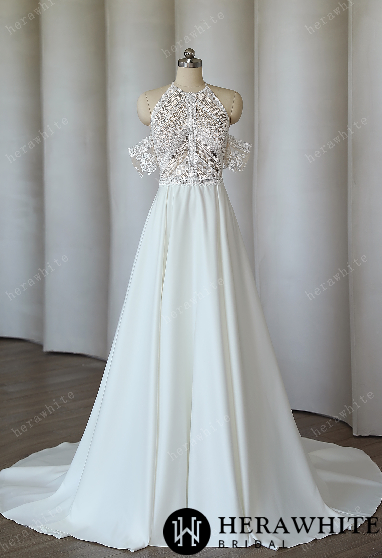 Halter A-line  Bohemian Lace Wedding Dresses Sweep Train Satin