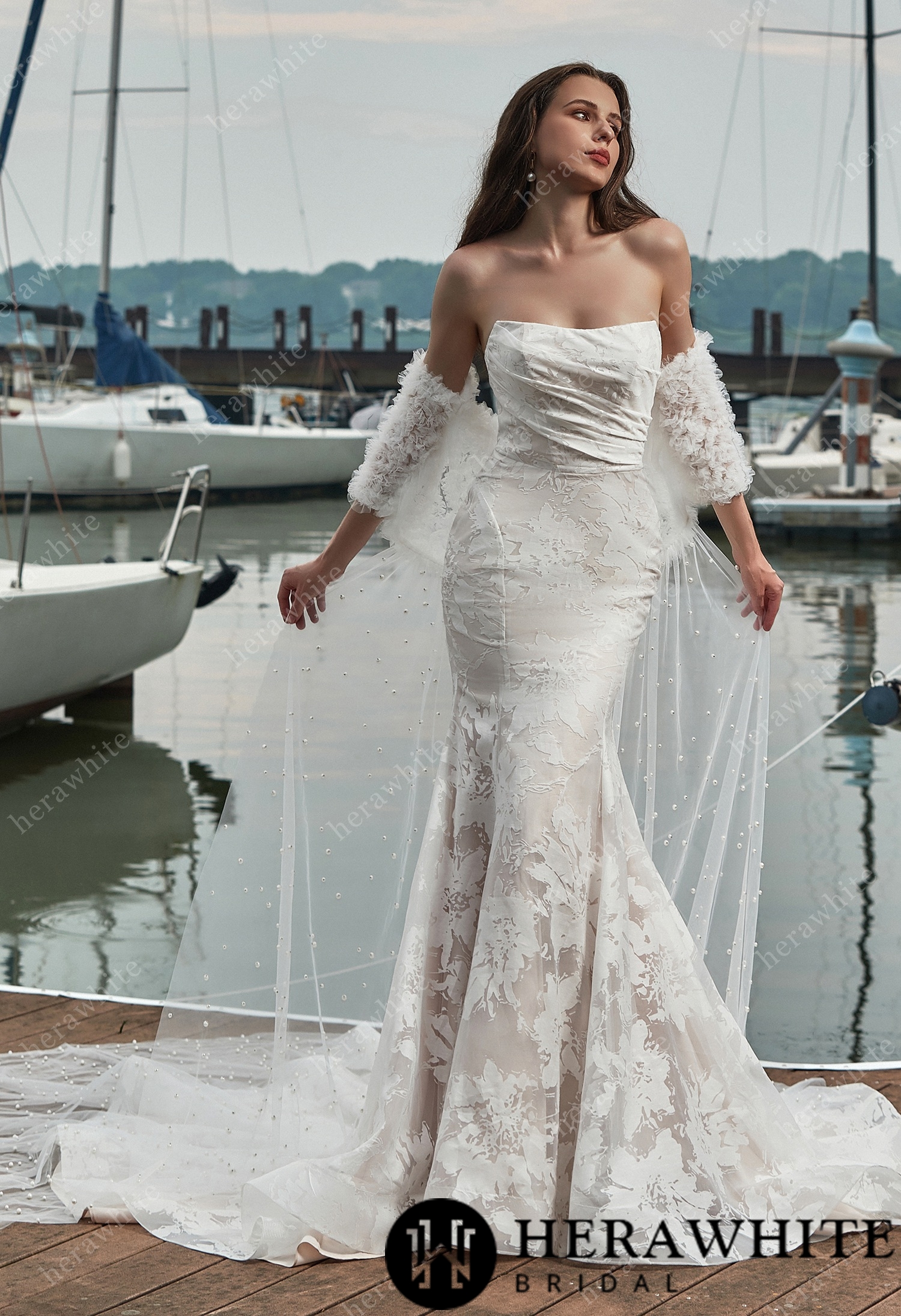 Strapless Mermaid Organza Wedding Dress with Detachable Shawl