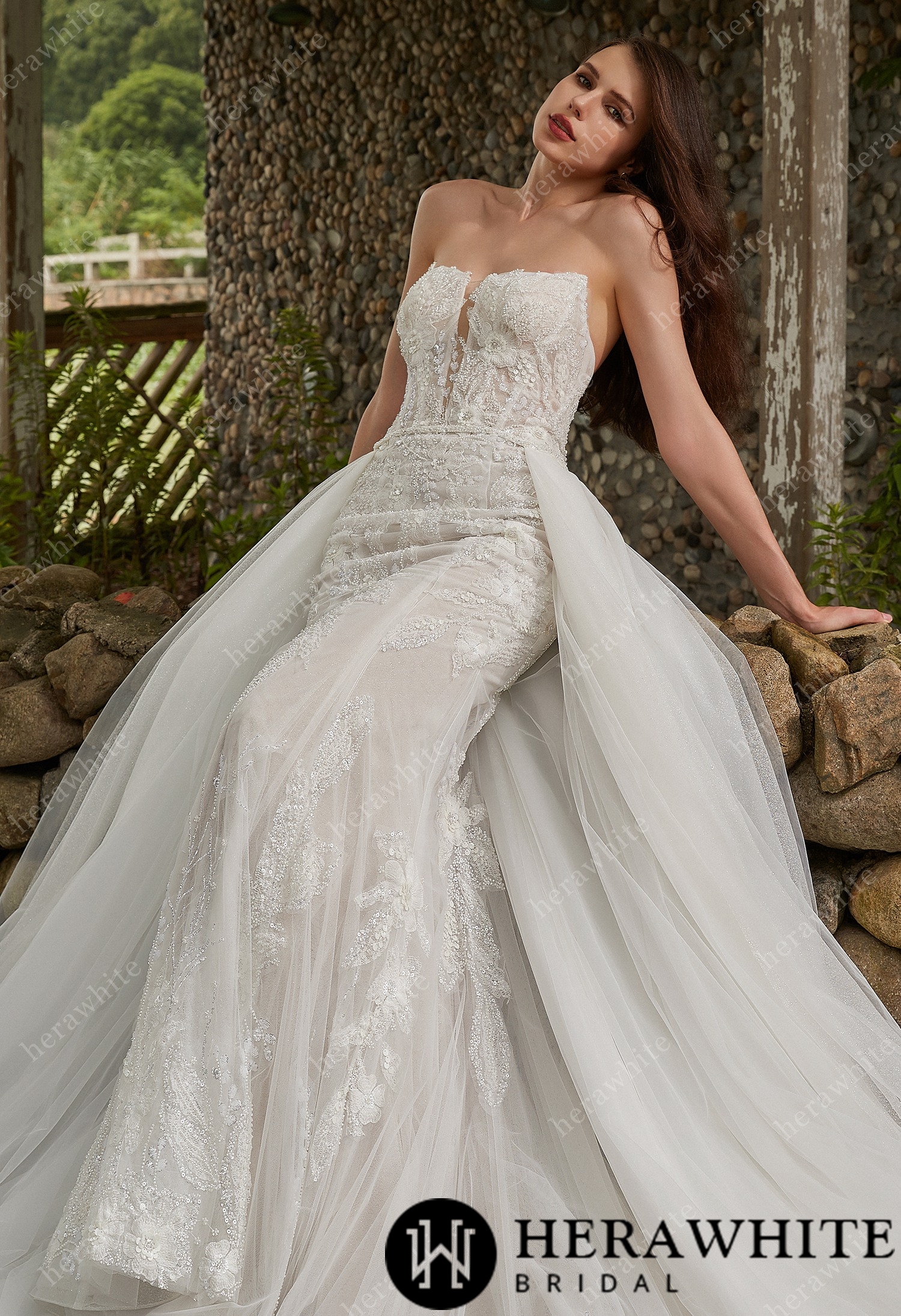 Beaded Sequins Lace And Detachable Overskirt  Wedding Dress