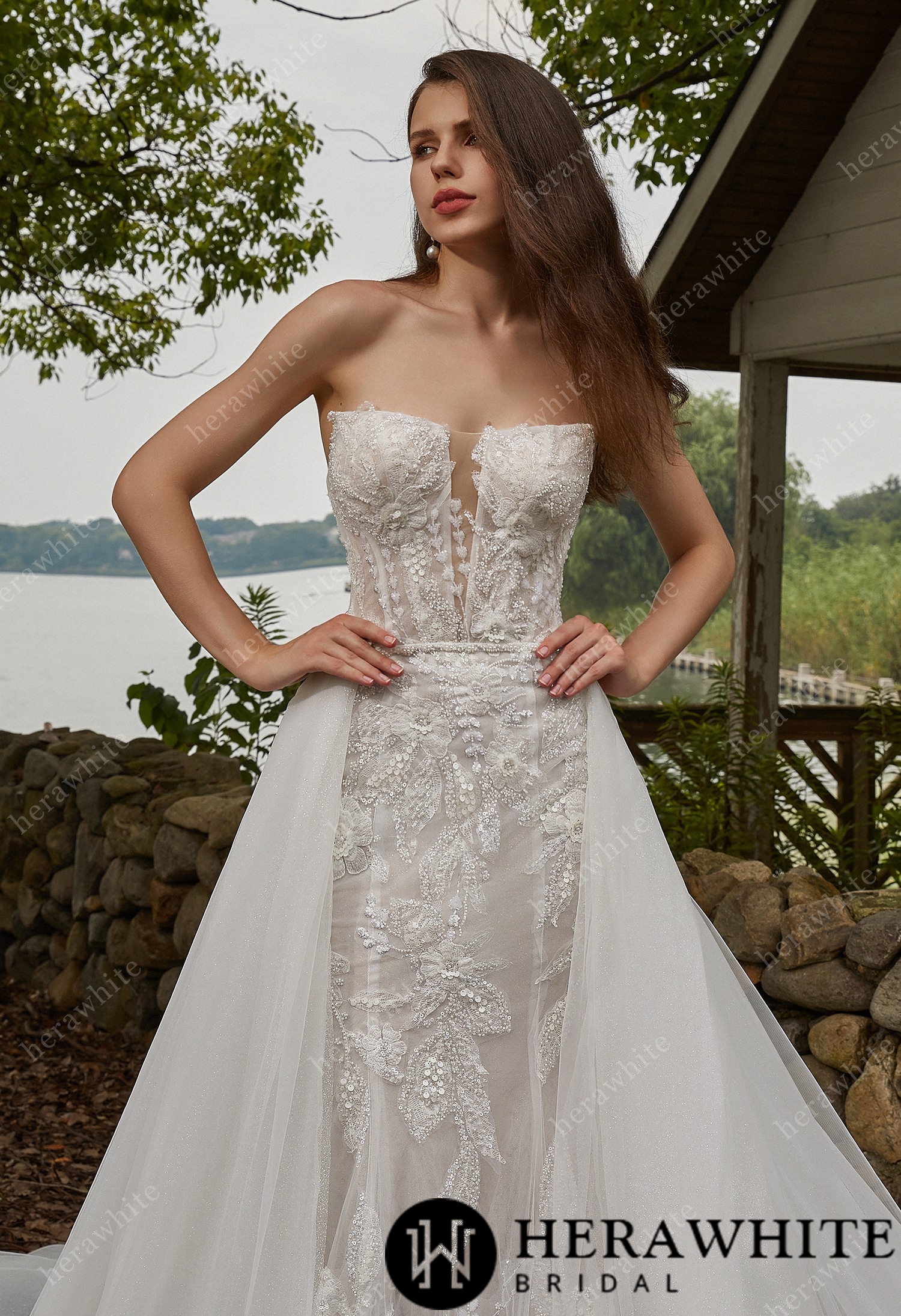 Beaded Sequins Lace And Detachable Overskirt  Wedding Dress