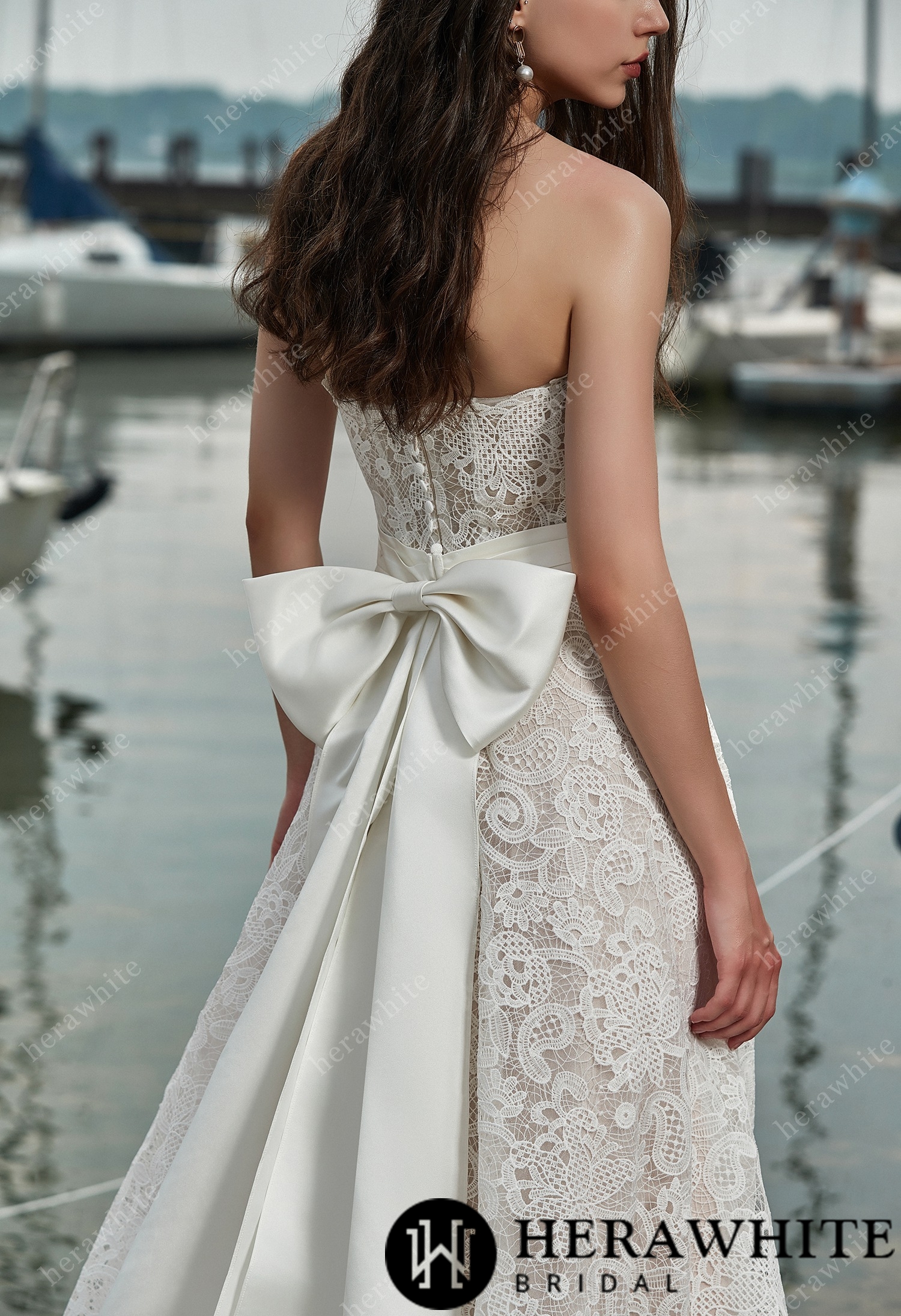 Strapless Lace Wedding Dress with Belt and Detachable Bow