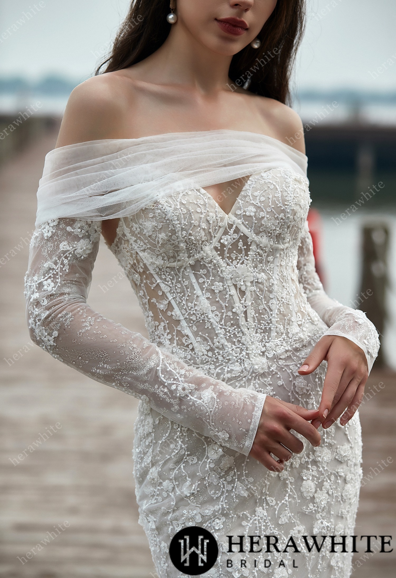 Appliques Corset Lace And Long Sleeves Wedding Dress