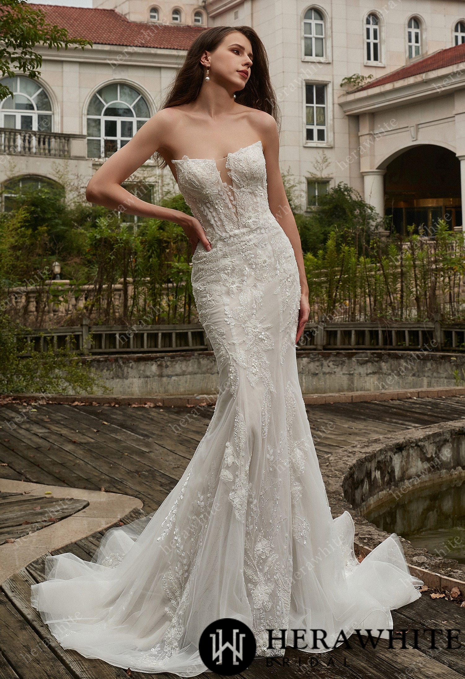 Beaded Sequins Lace And Detachable Overskirt  Wedding Dress