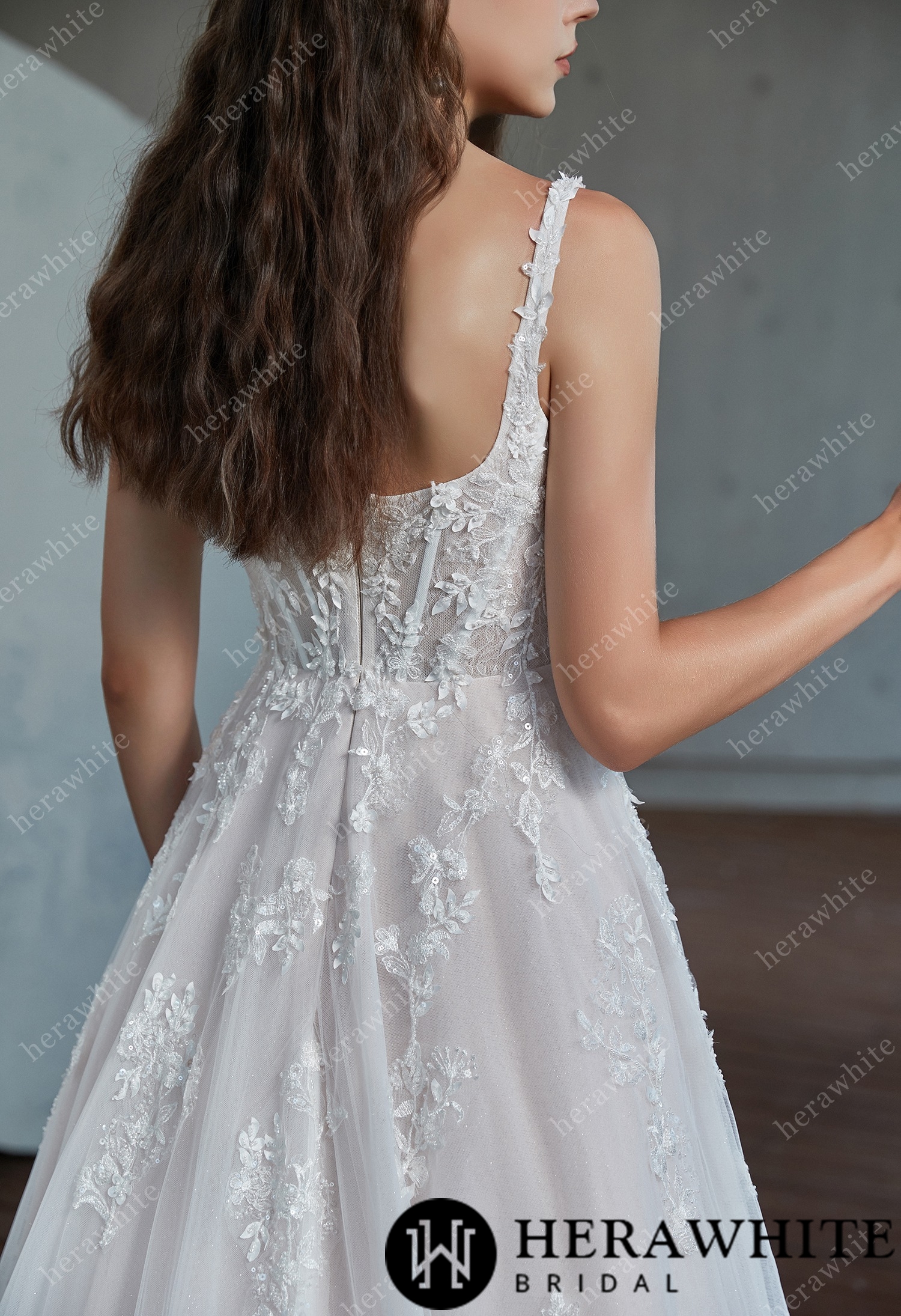 Square Neckline Delicate Bead Lace Wedding Dress