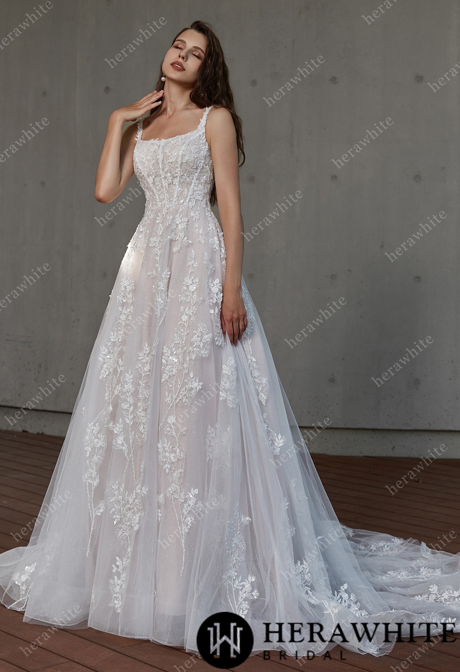 Square Neckline Delicate Bead Lace Wedding Dress