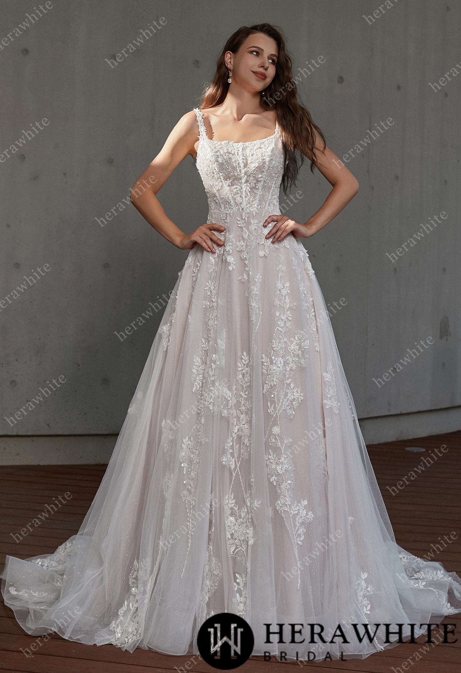 Square Neckline Delicate Bead Lace Wedding Dress