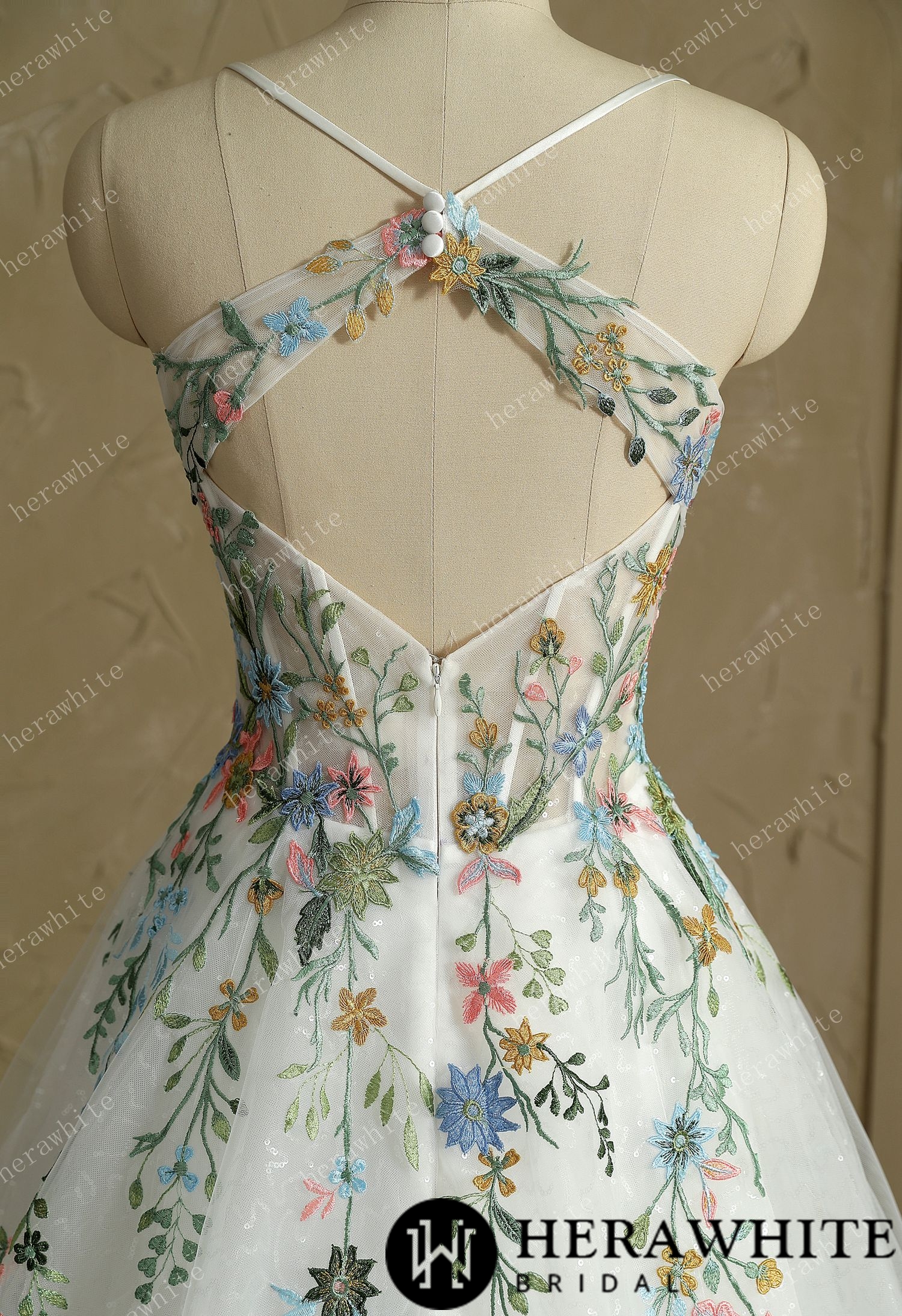 Mystery  V-Neck Spaghetti Straps with Colorful Lace Wedding Dress