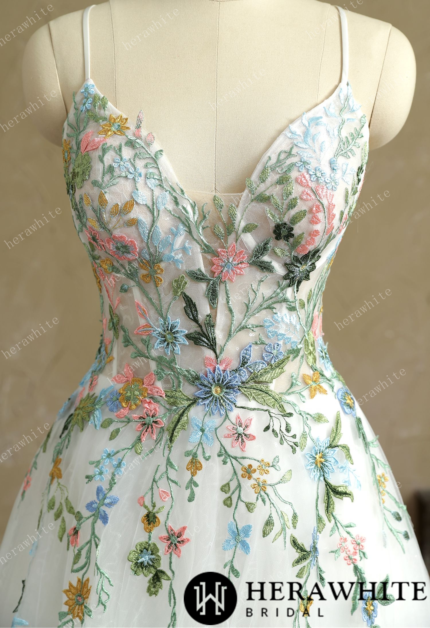 Mystery  V-Neck Spaghetti Straps with Colorful Lace Wedding Dress