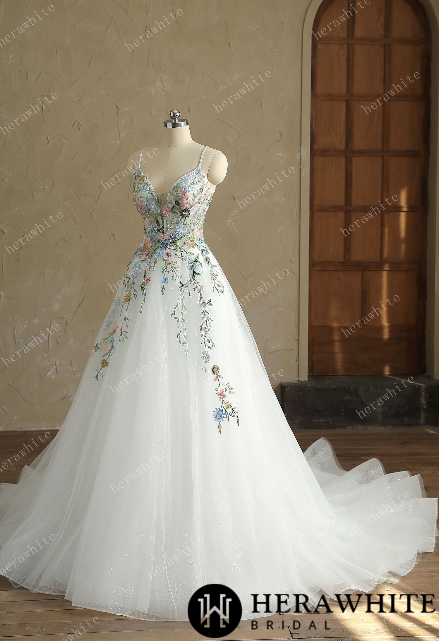 Mystery  V-Neck Spaghetti Straps with Colorful Lace Wedding Dress