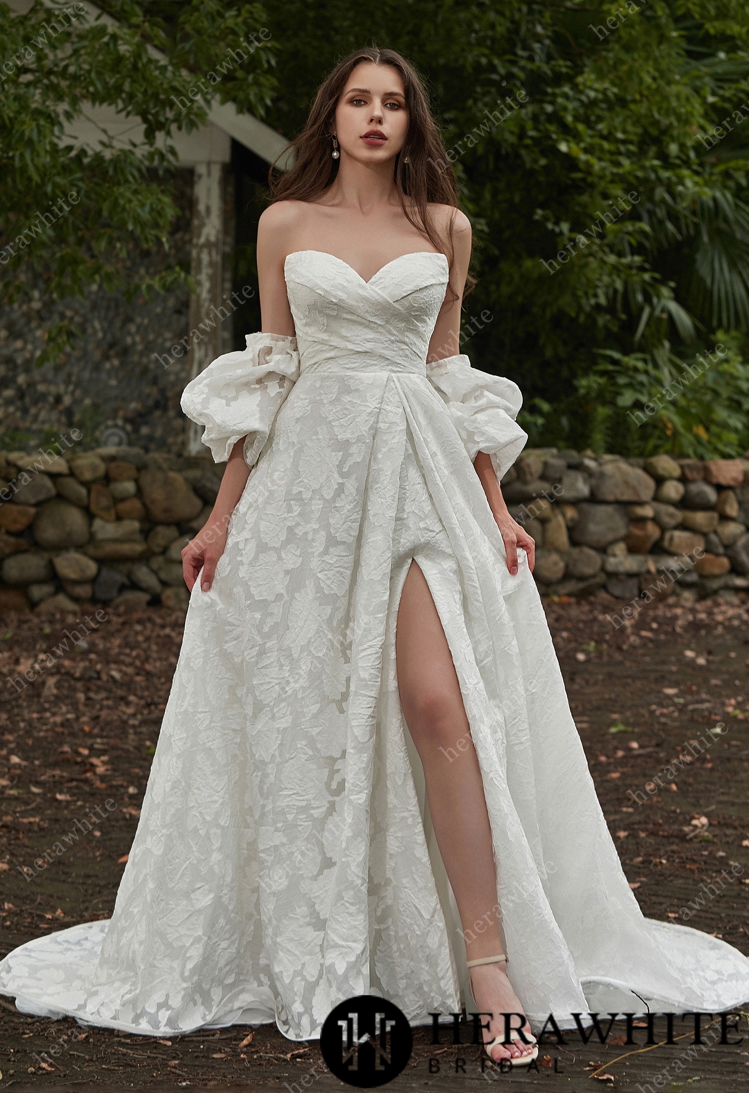 Jacquard Puff Sleeves Grace Slit And Sweetheart Wedding Dress