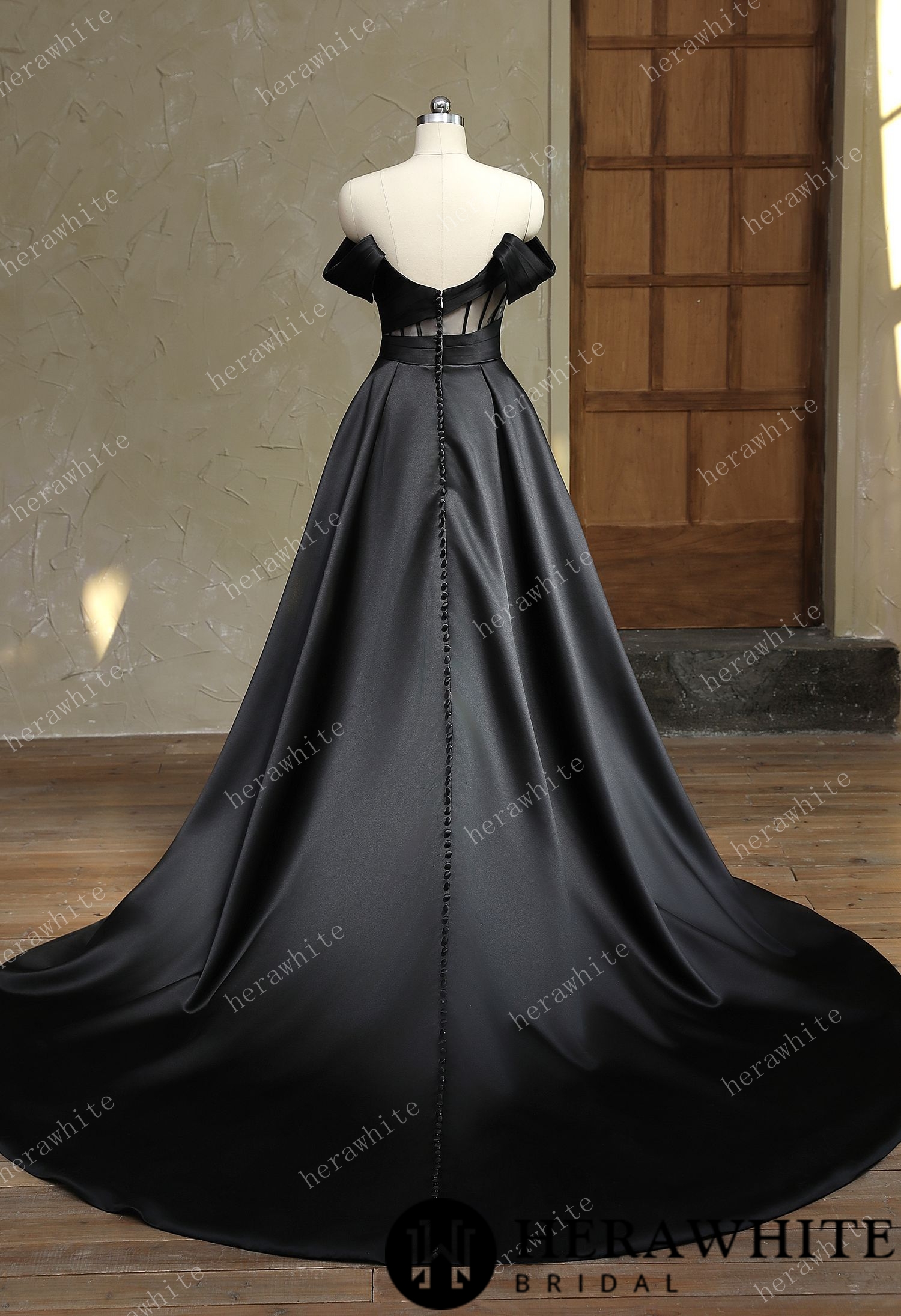 Modern Off Shoulder Grace Slit And Strapless Satin Black Wedding Dress
