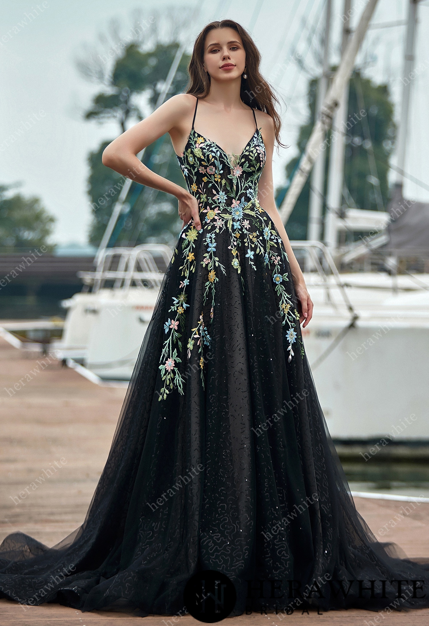 In Stock/  Mystery  V-Neck Spaghetti Straps with Colorful Lace Wedding Dress