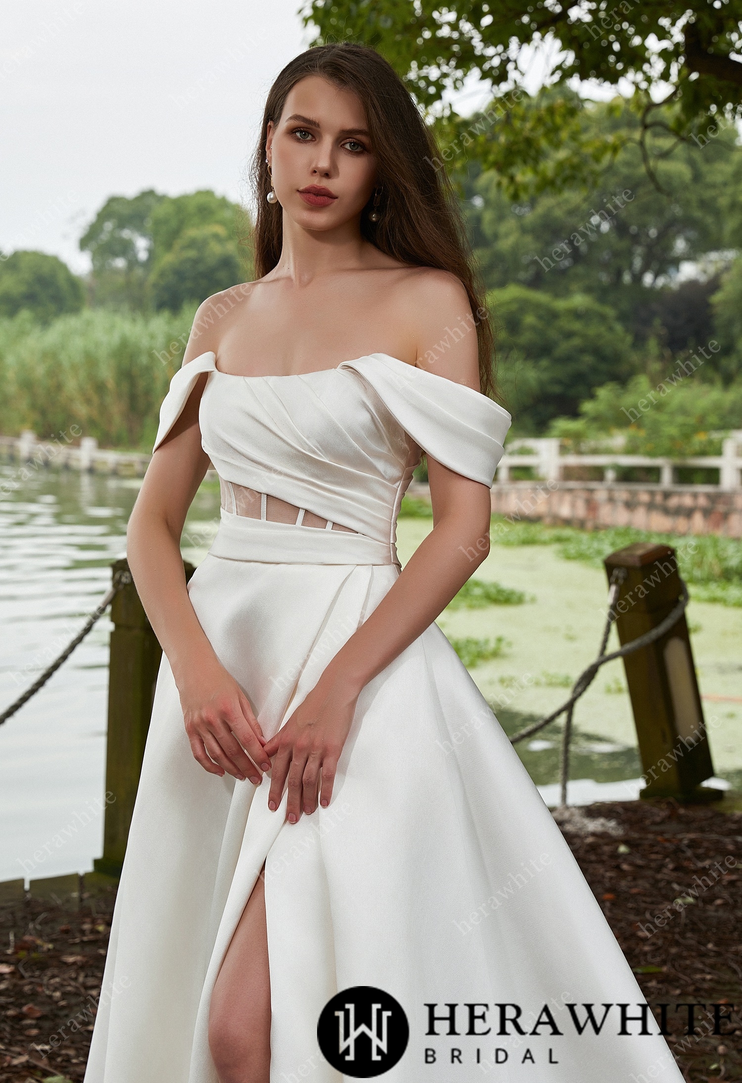 In Stock/  Modern Off Shoulder Grace Slit And Strapless Mikado Wedding Dress