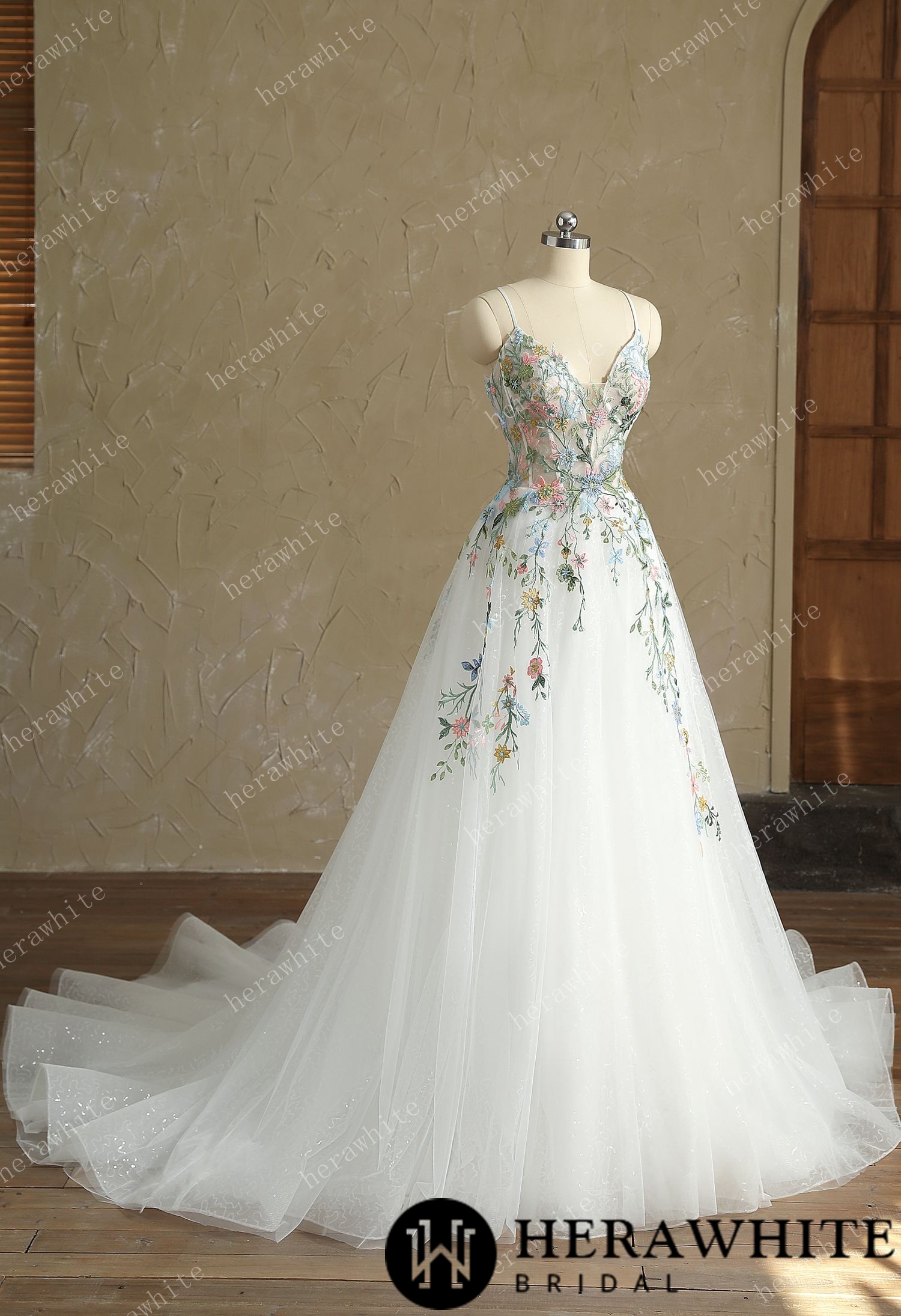 In Stock/  Mystery  V-Neck Spaghetti Straps with Colorful Lace Wedding Dress