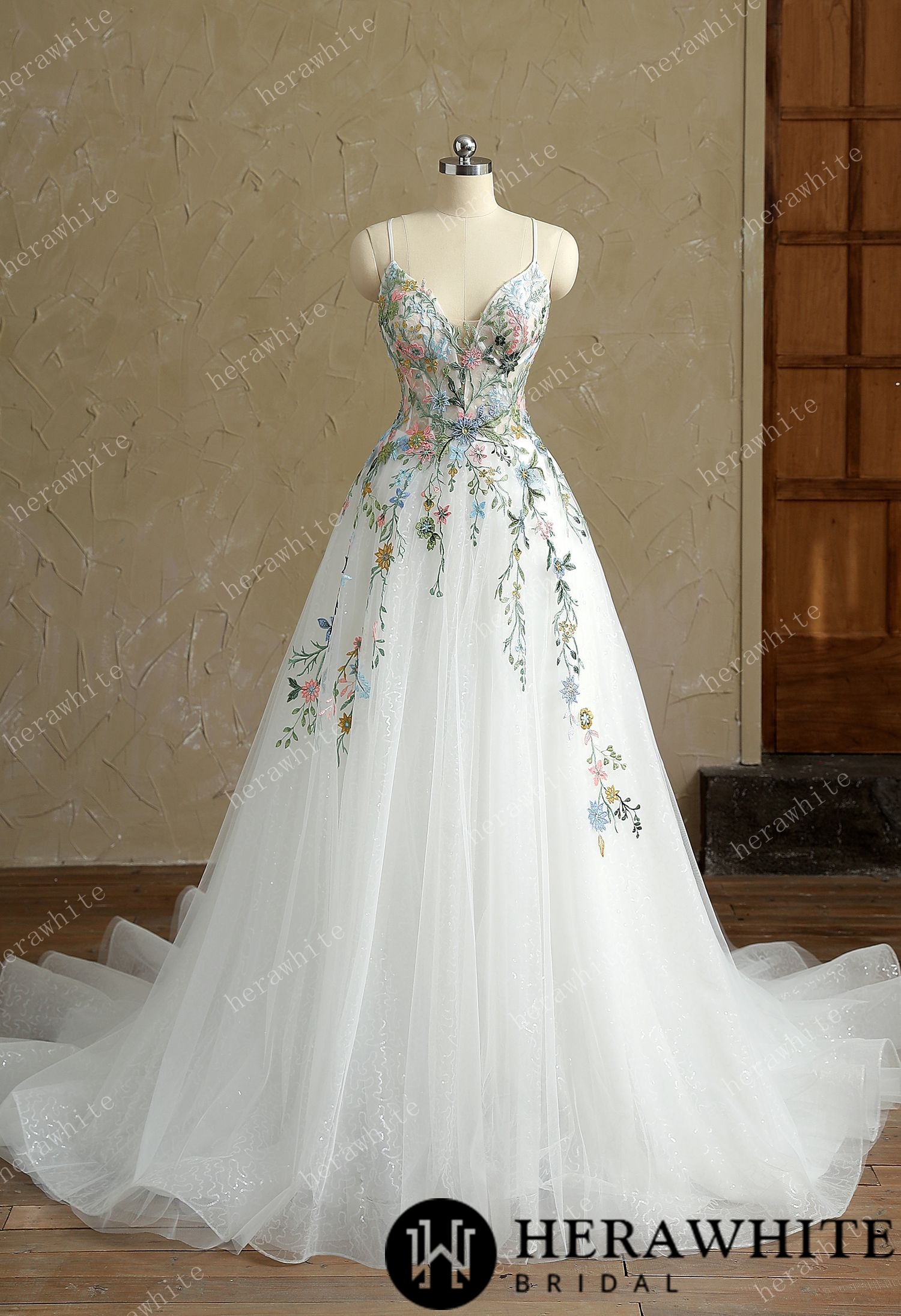 In Stock/  Mystery  V-Neck Spaghetti Straps with Colorful Lace Wedding Dress