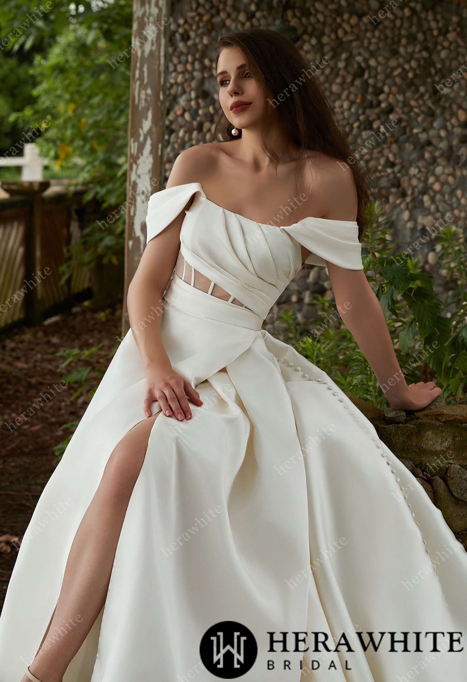 In Stock/  Modern Off Shoulder Grace Slit And Strapless Mikado Wedding Dress