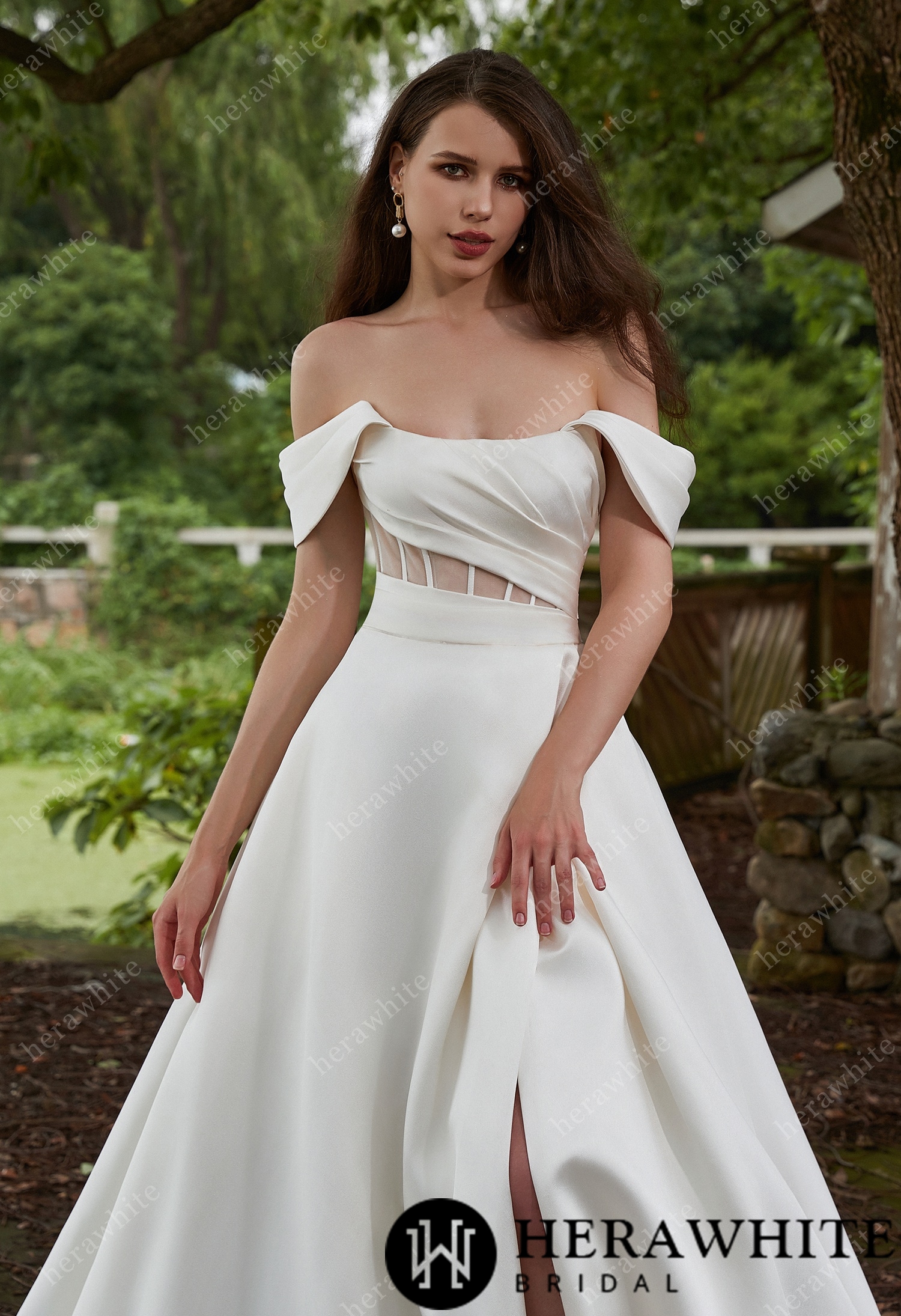 In Stock/  Modern Off Shoulder Grace Slit And Strapless Mikado Wedding Dress