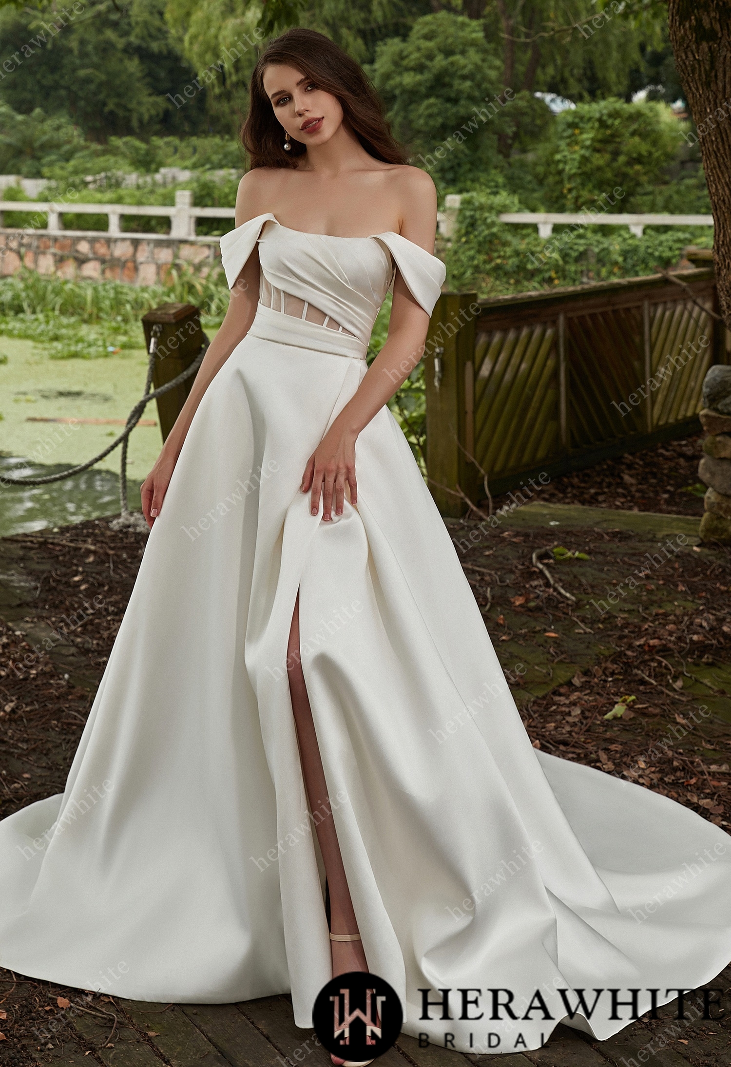 In Stock/  Modern Off Shoulder Grace Slit And Strapless Mikado Wedding Dress