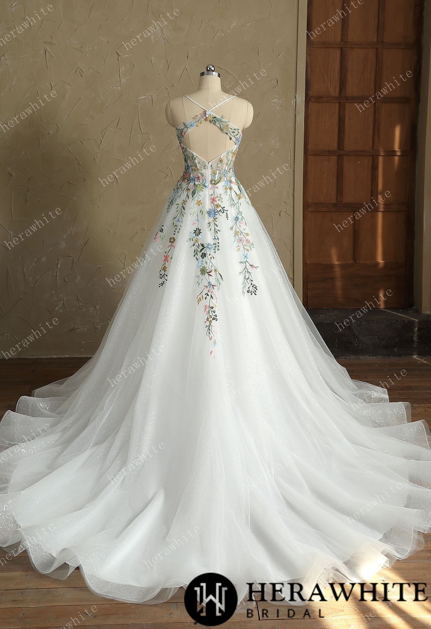 In Stock/  Mystery  V-Neck Spaghetti Straps with Colorful Lace Wedding Dress