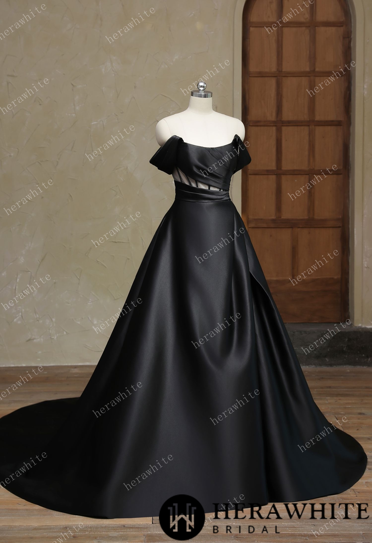 In Stock/  Modern Off Shoulder Grace Slit And Strapless Mikado Wedding Dress