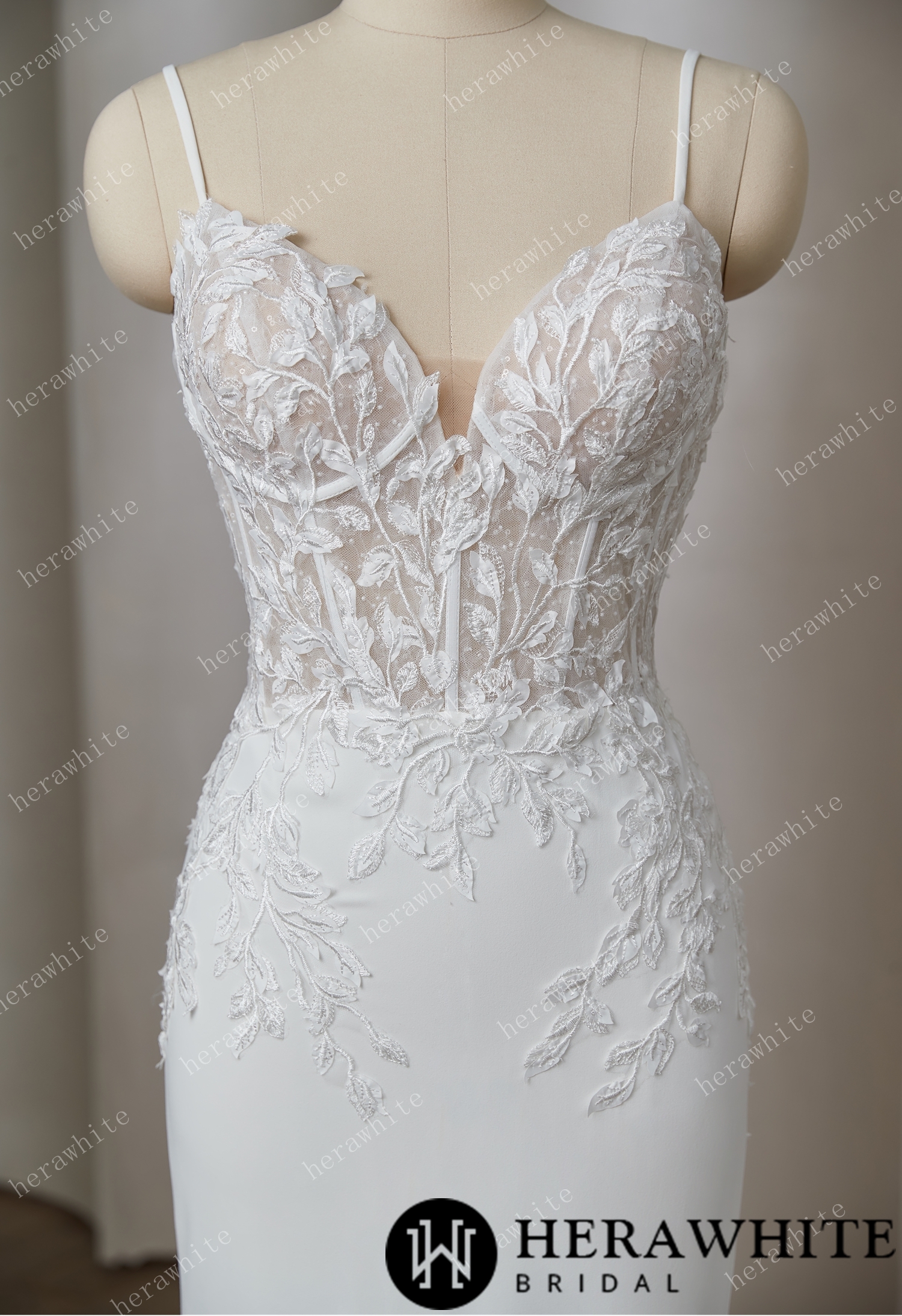 Mystical Mermaid Gown With Deep V-Neck And Delicate Lace Elegance
