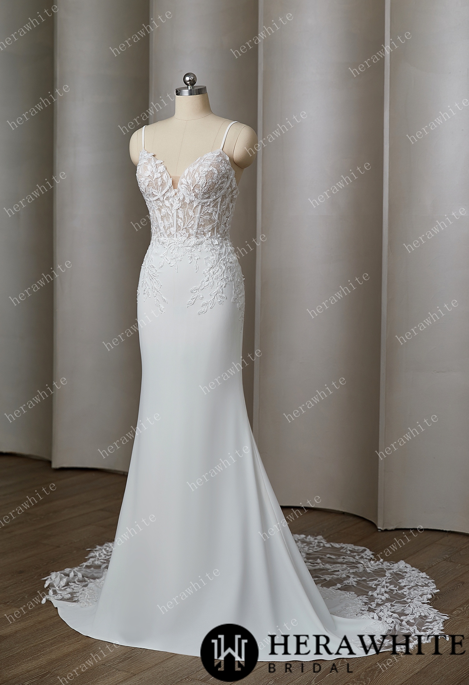Mystical Mermaid Gown With Deep V-Neck And Delicate Lace Elegance