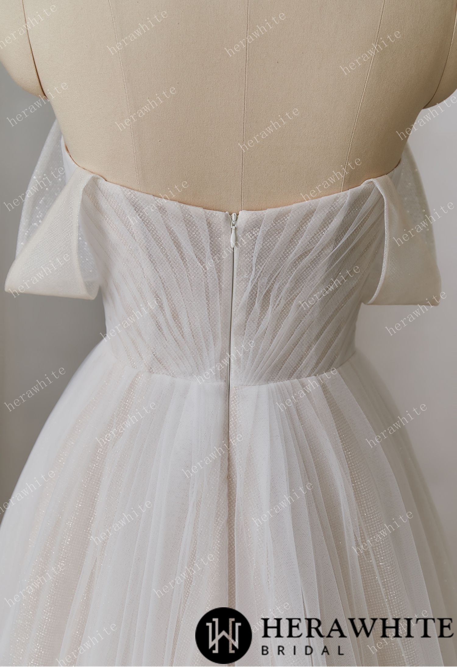 Delicate Pleats and Off - Shoulder Sleeves  With Alluring Ball - Gown Wedding Style