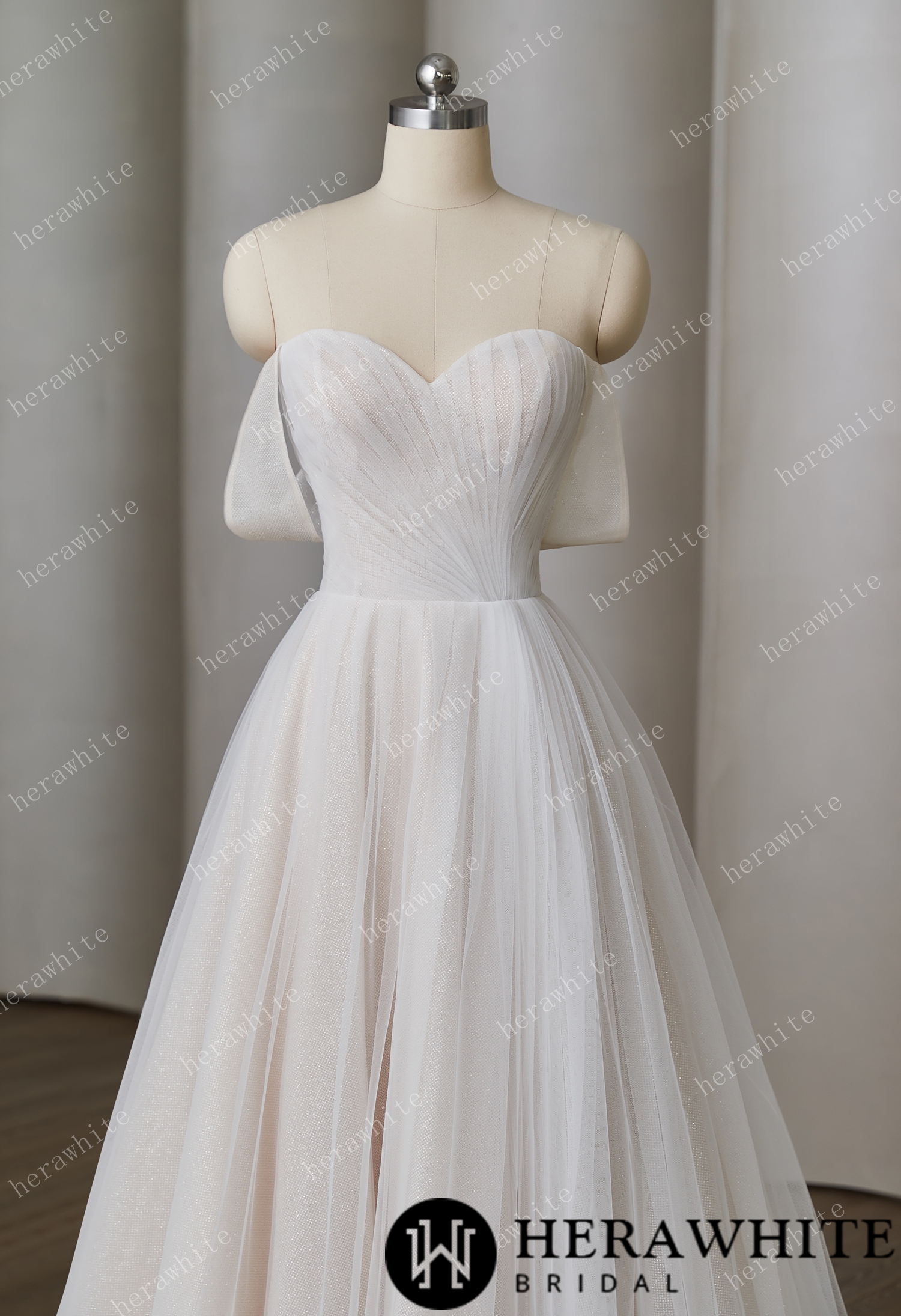 Delicate Pleats and Off - Shoulder Sleeves  With Alluring Ball - Gown Wedding Style