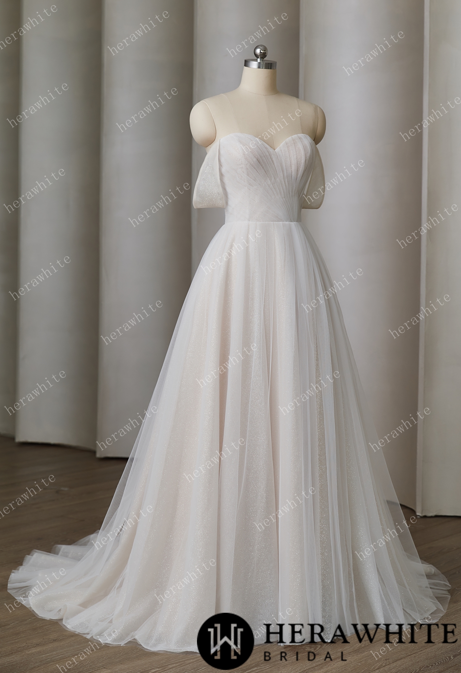 Delicate Pleats and Off - Shoulder Sleeves  With Alluring Ball - Gown Wedding Style