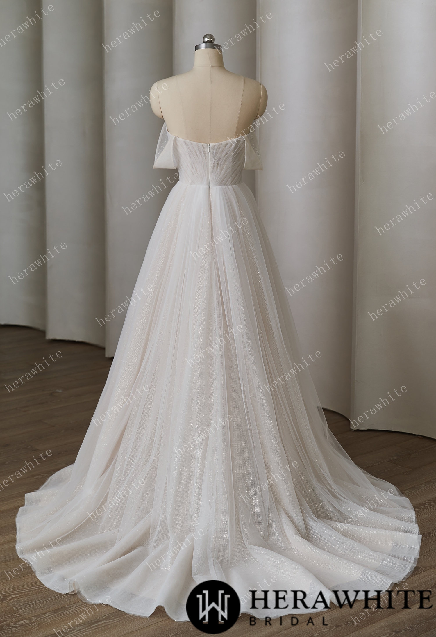 Delicate Pleats and Off - Shoulder Sleeves  With Alluring Ball - Gown Wedding Style
