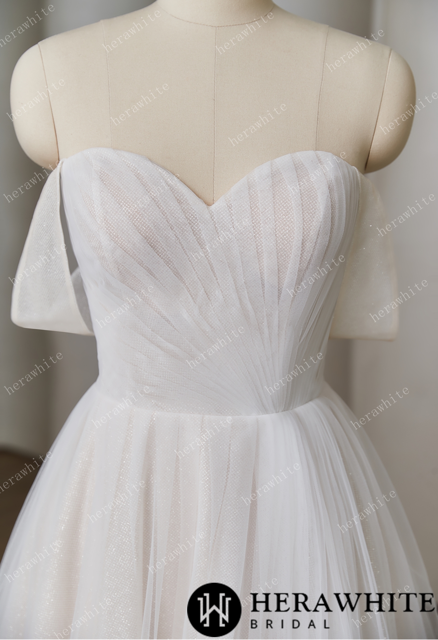 Delicate Pleats and Off - Shoulder Sleeves  With Alluring Ball - Gown Wedding Style