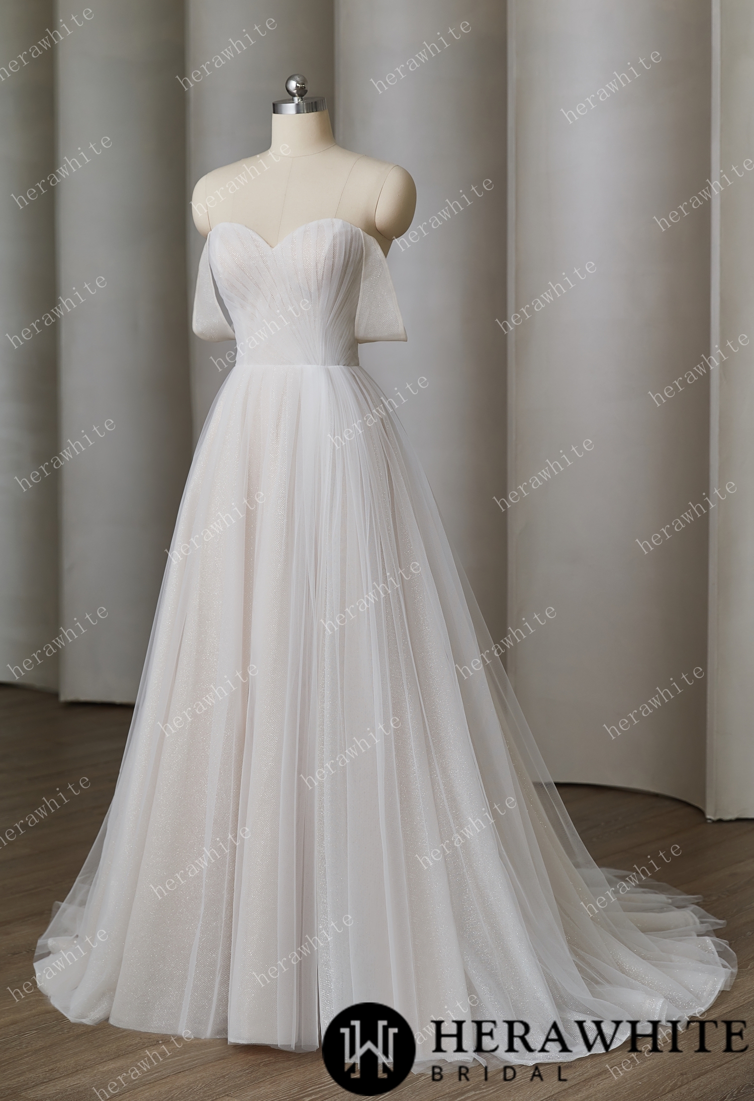 Delicate Pleats and Off - Shoulder Sleeves  With Alluring Ball - Gown Wedding Style