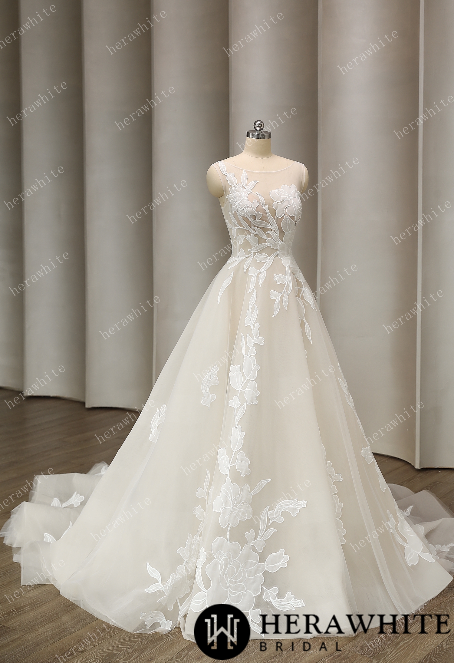 Unique Strapless Floral Wedding Gown with Illusion Neckline and Back