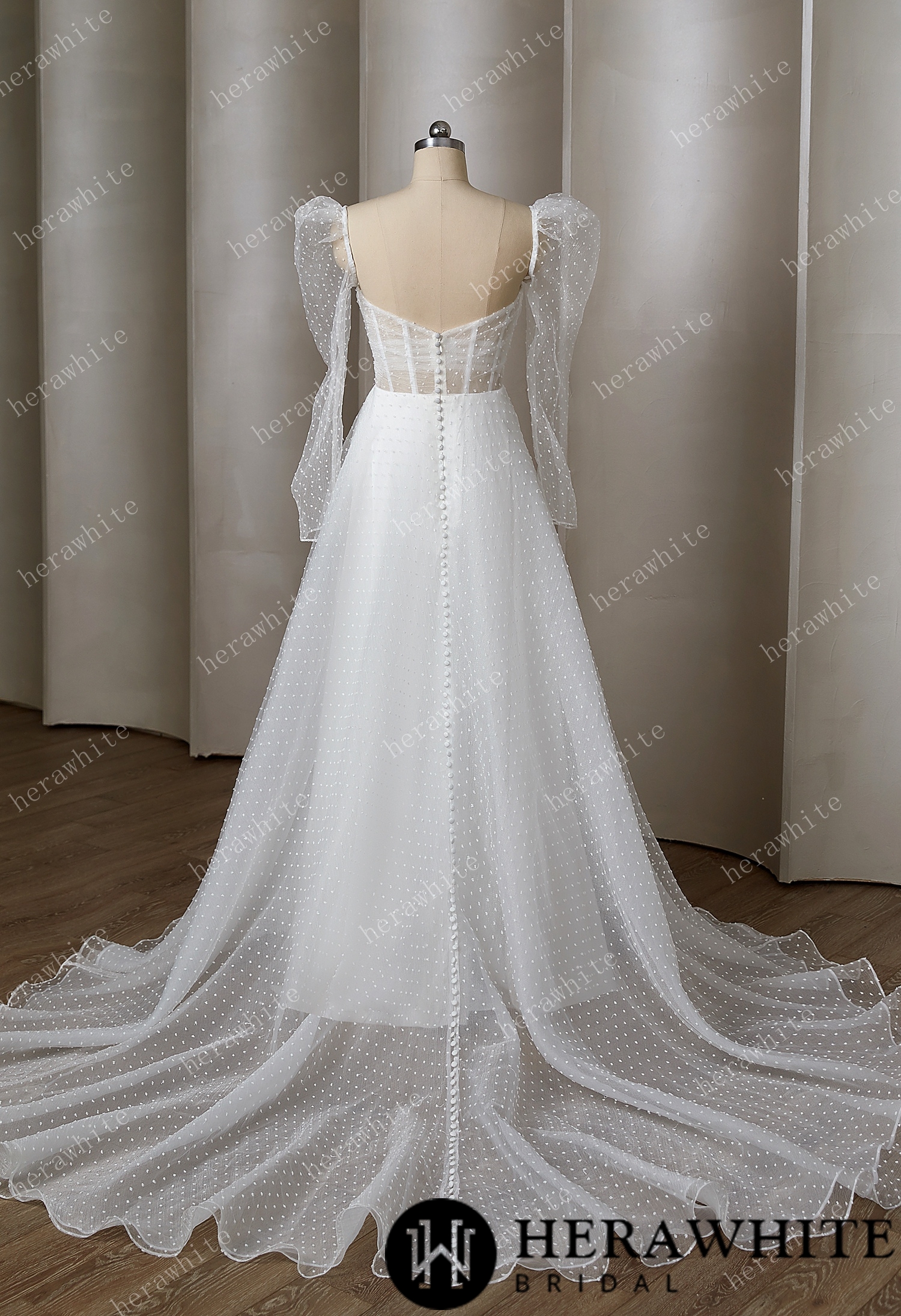 Vintage Organza Polka Dot Wedding Dress With Detachable Puff Sleeves
