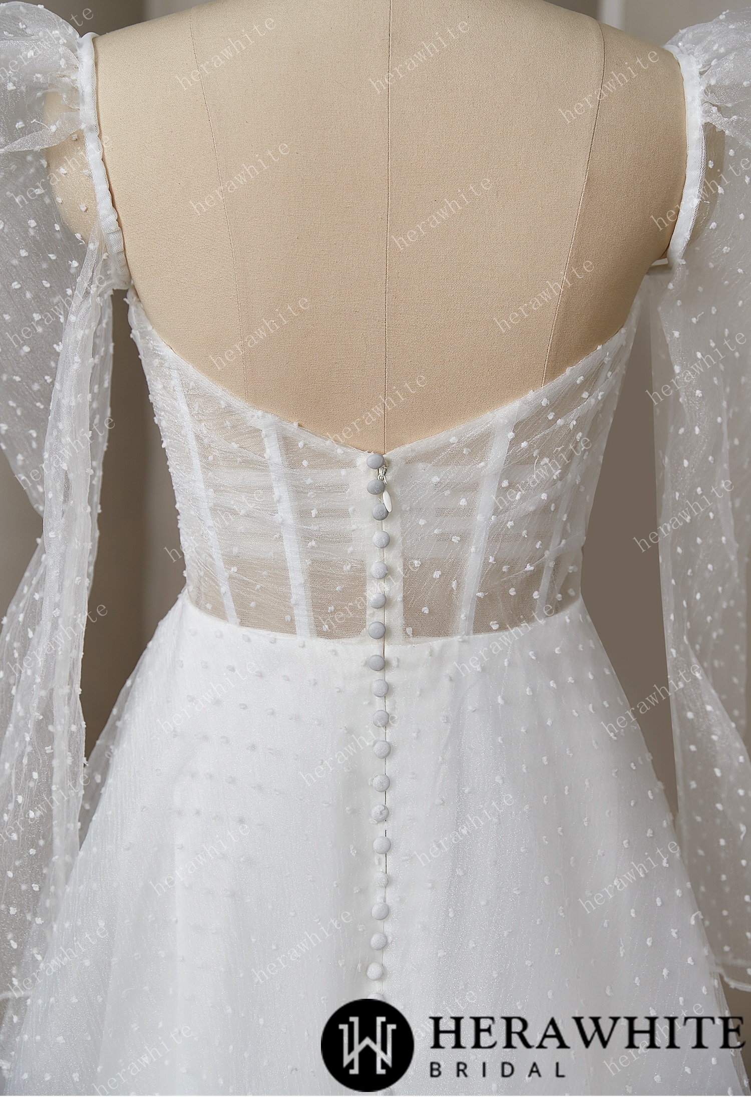 Vintage Organza Polka Dot Wedding Dress With Detachable Puff Sleeves