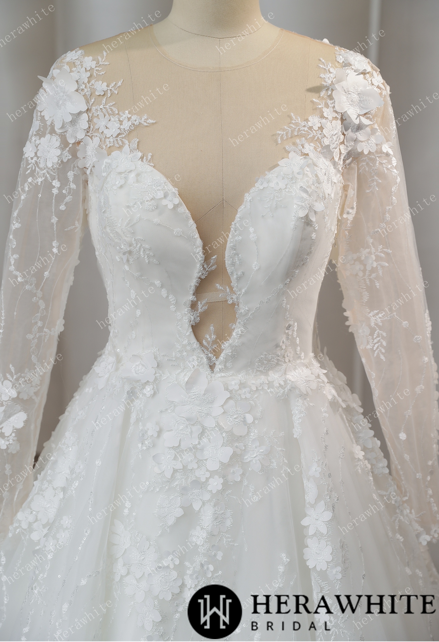 Sexy Elegant Illusion Plunging V Neck Wedding Dress