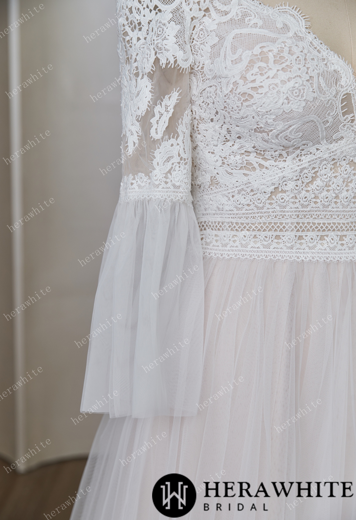 Feminine A Line Tulle Beach Wedding Dress with  Bell Sleeve