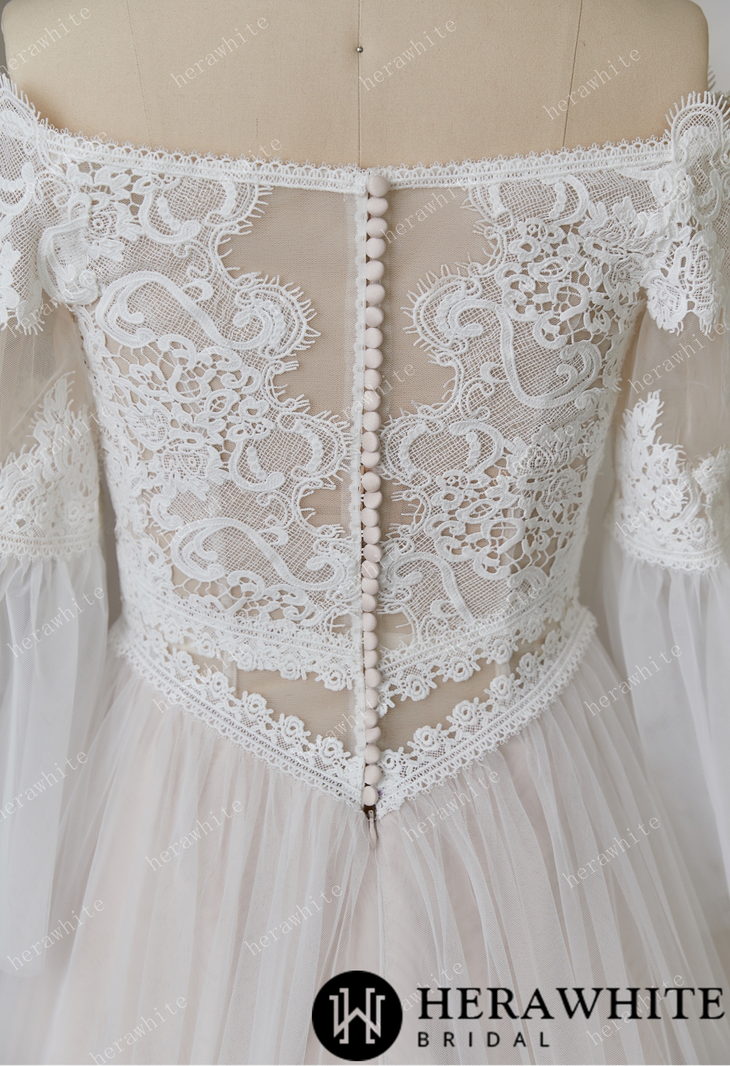 Feminine A Line Tulle Beach Wedding Dress with  Bell Sleeve