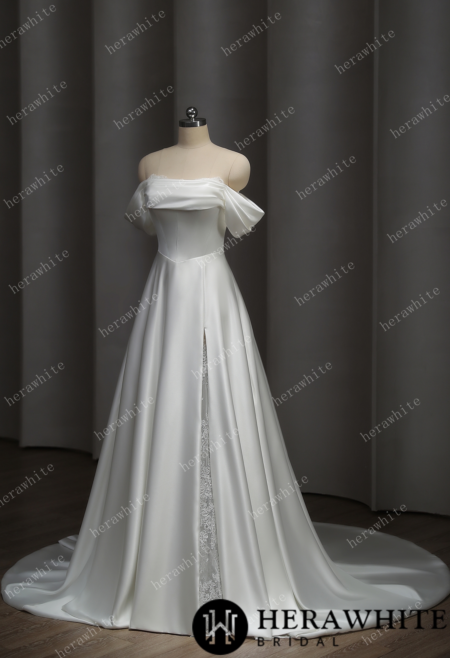 Romantic off Shoulder A-line Wedding Dress with Split Skirt