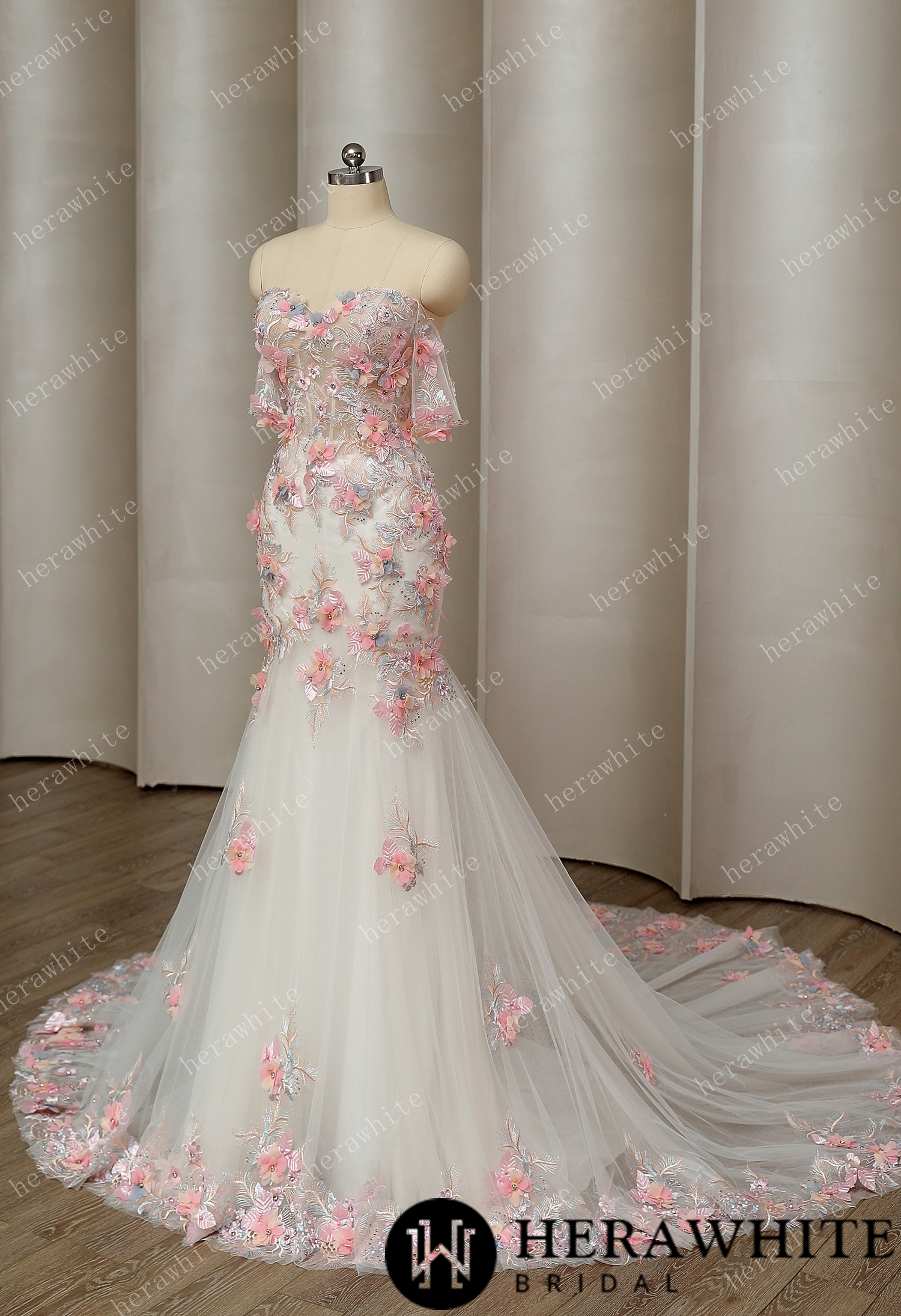 Spring-Inspired Tulle Mermaid: Colorful 3D Frosted Floral Wedding Gown