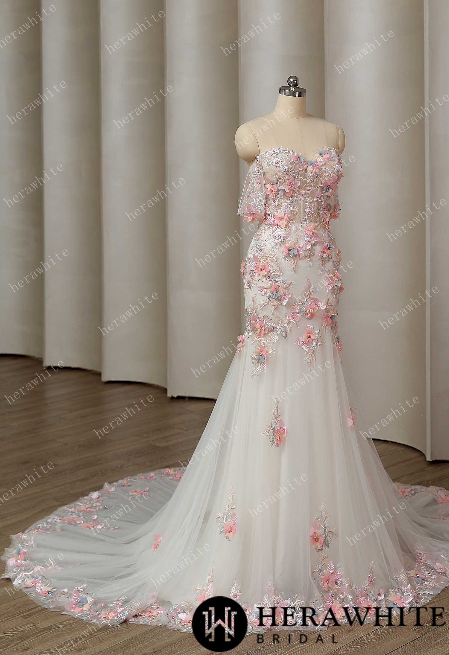 Spring-Inspired Tulle Mermaid: Colorful 3D Frosted Floral Wedding Gown