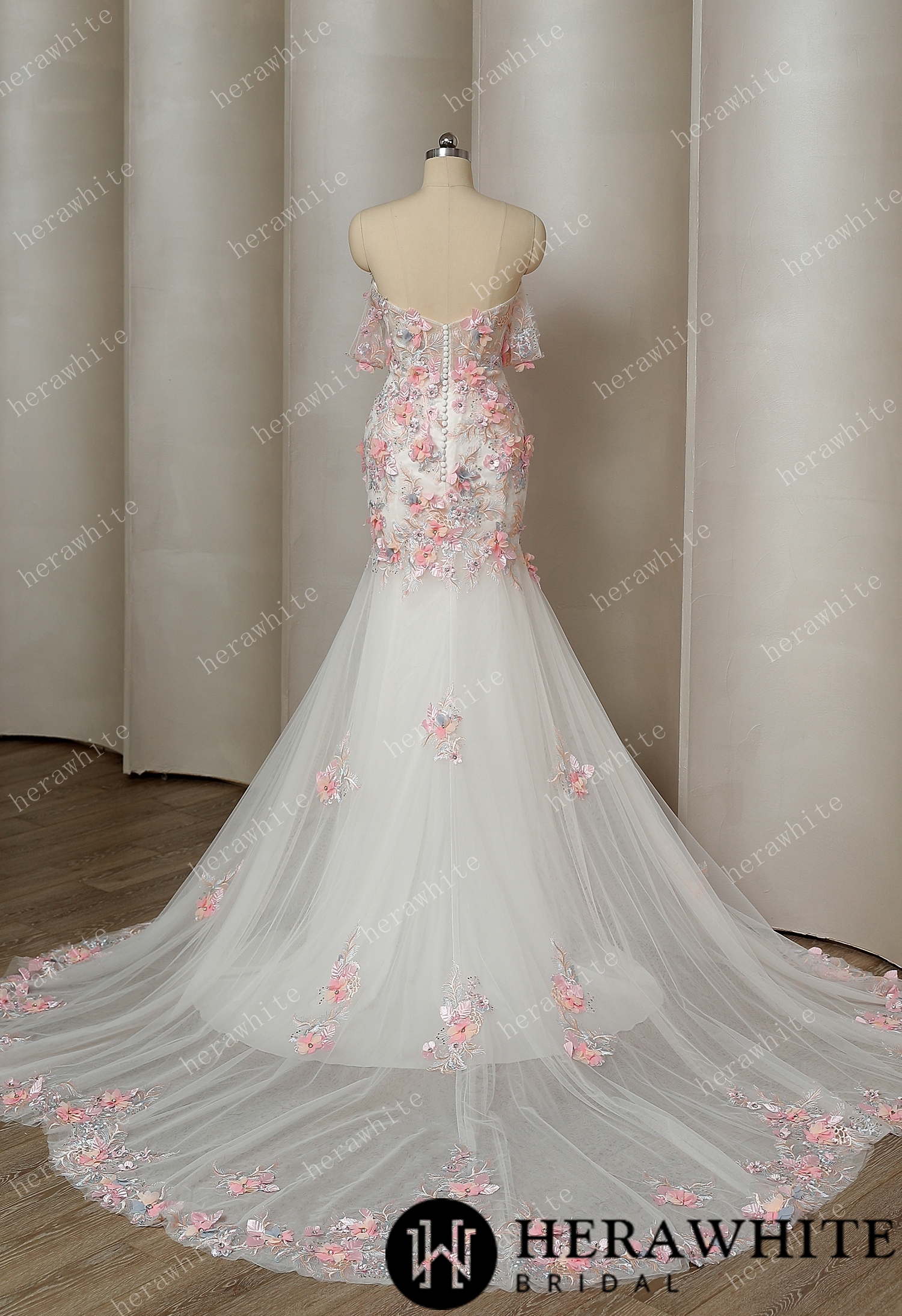 Spring-Inspired Tulle Mermaid: Colorful 3D Frosted Floral Wedding Gown
