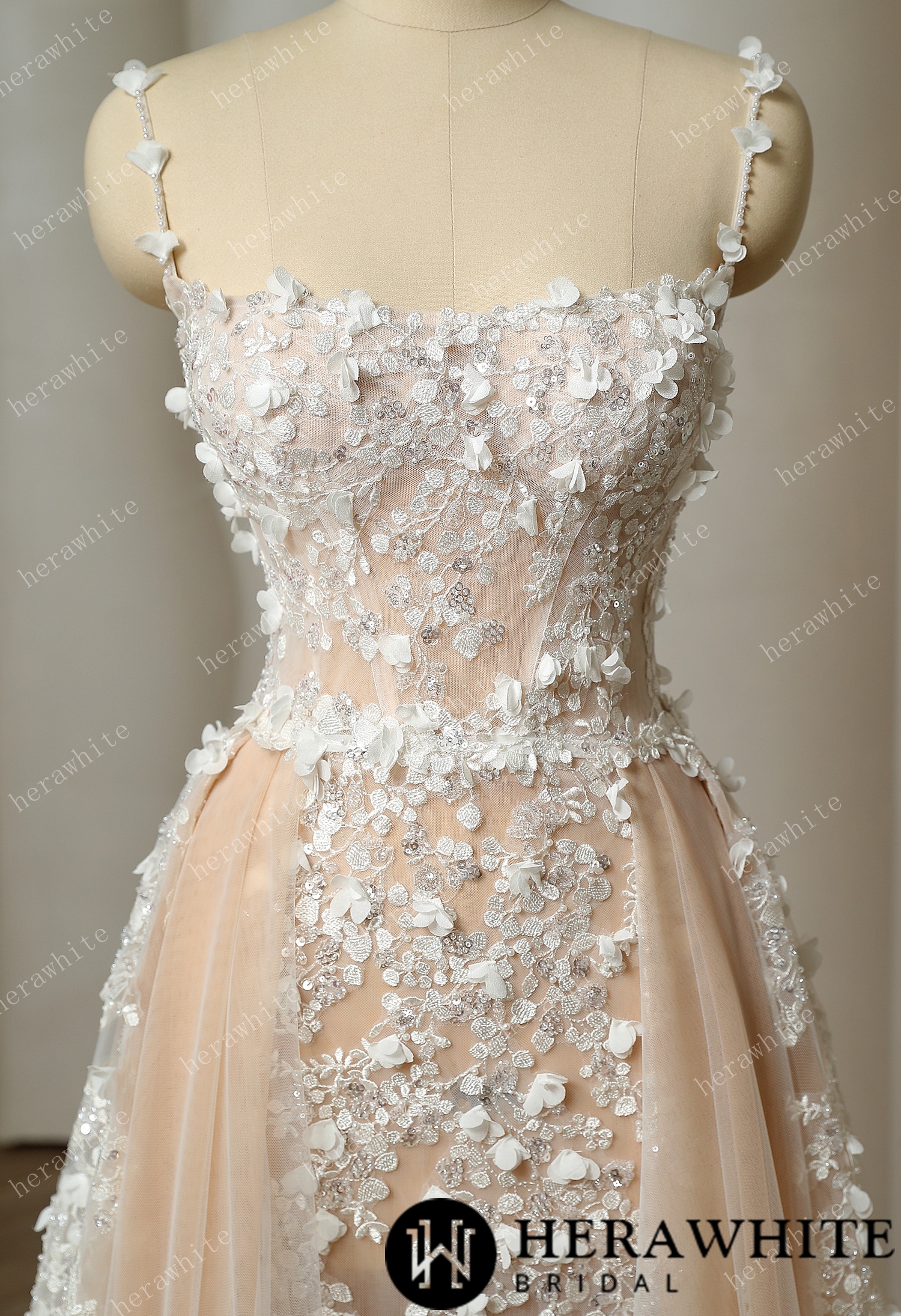 Delicately Embroidered 3D Flowers Spaghetti Straps Wedding Dress With Voluminous Overskirt