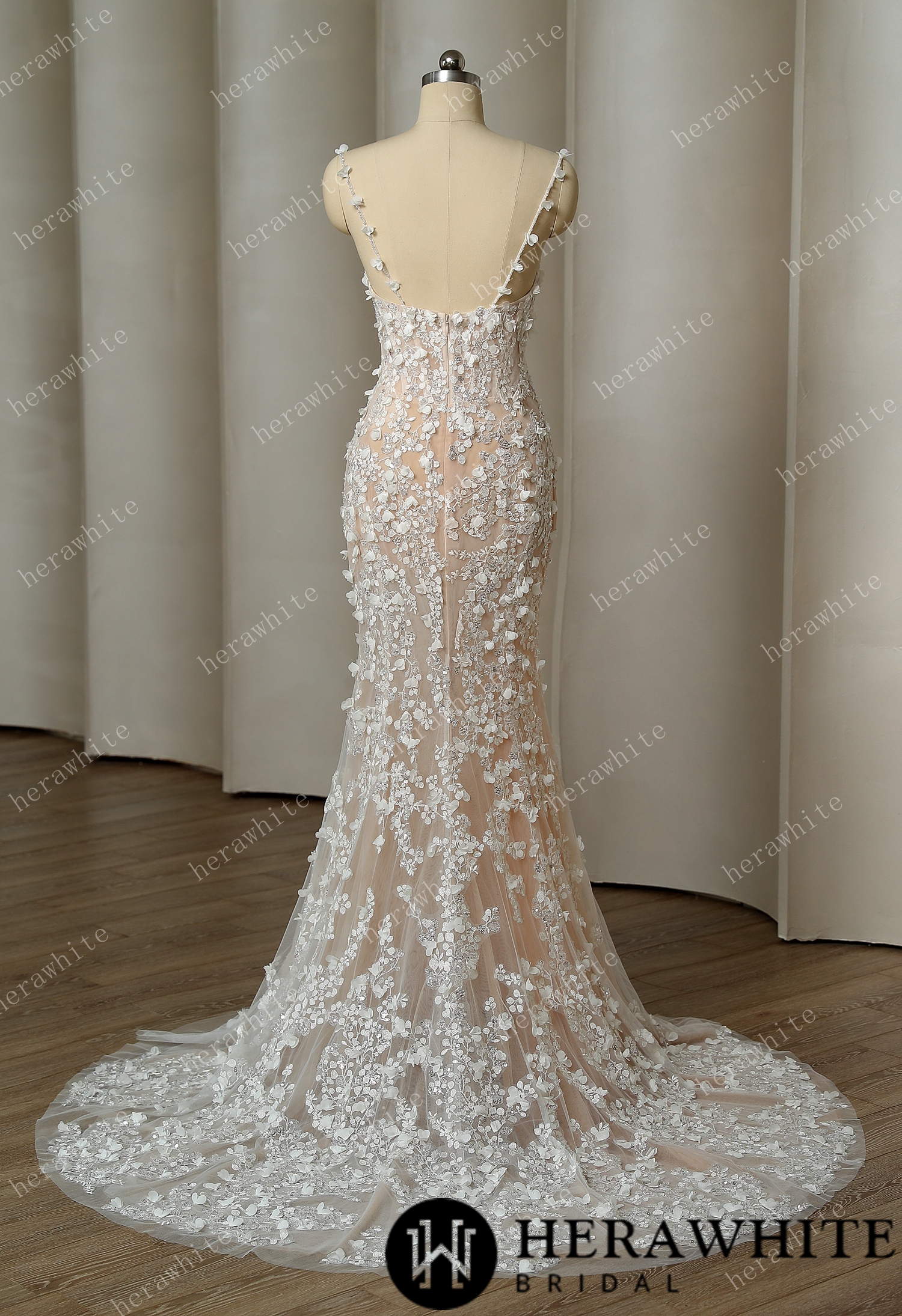 Delicately Embroidered 3D Flowers Spaghetti Straps Wedding Dress With Voluminous Overskirt