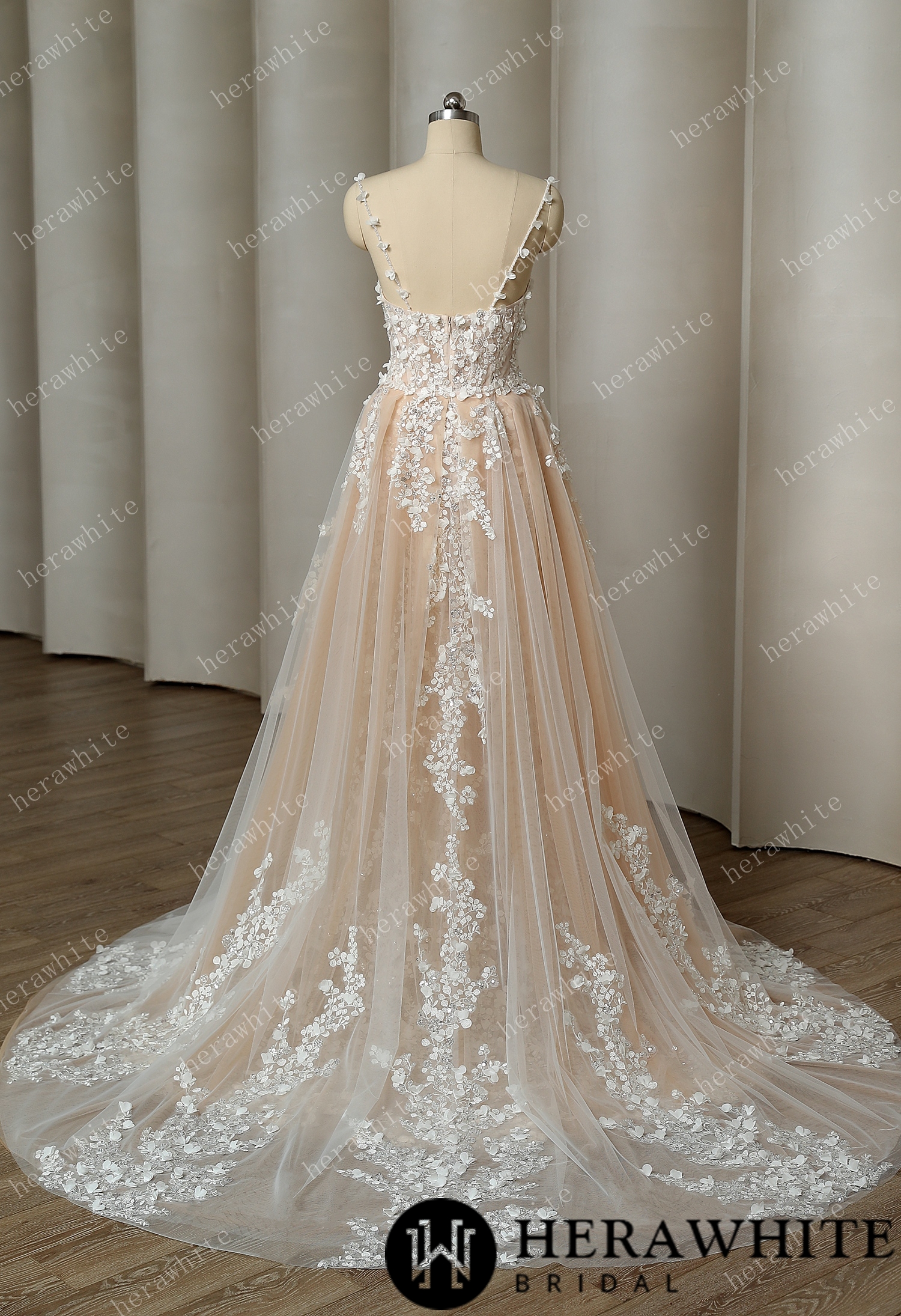 Delicately Embroidered 3D Flowers Spaghetti Straps Wedding Dress With Voluminous Overskirt